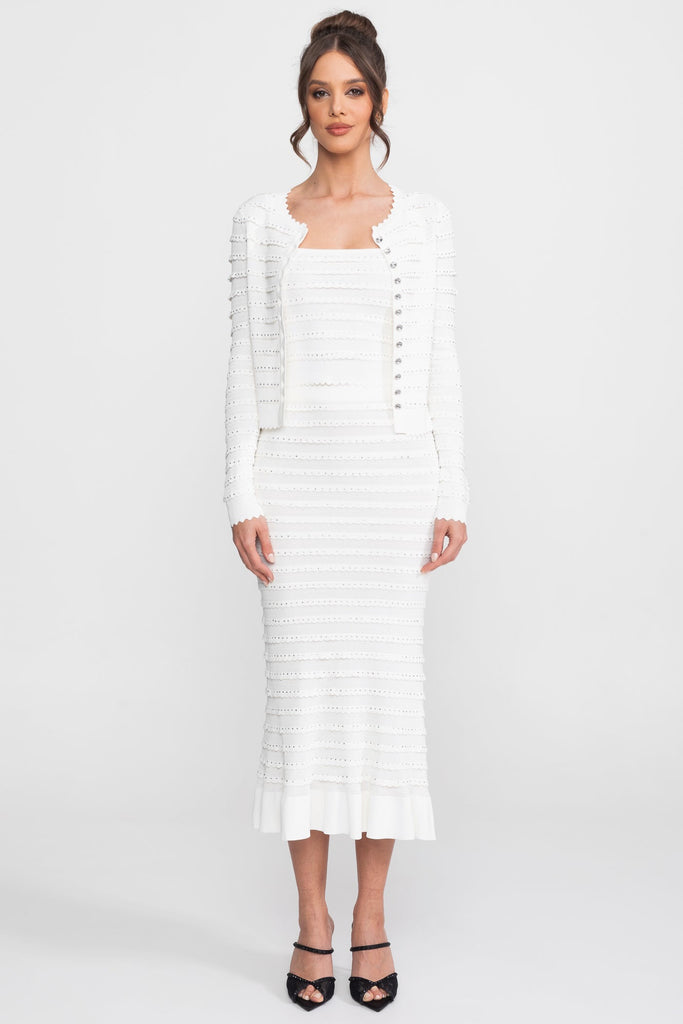 Textured Knit 3 Piece Set With Blazer, Top and Midi Skirt - White