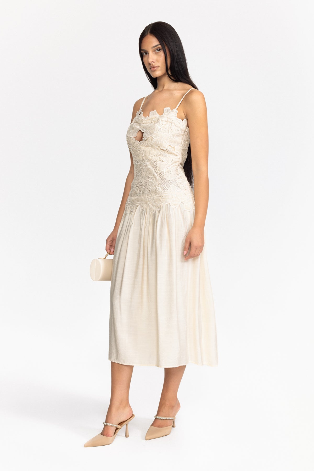 Floral Appliqué Drop Waist Midi Dress - Off-White