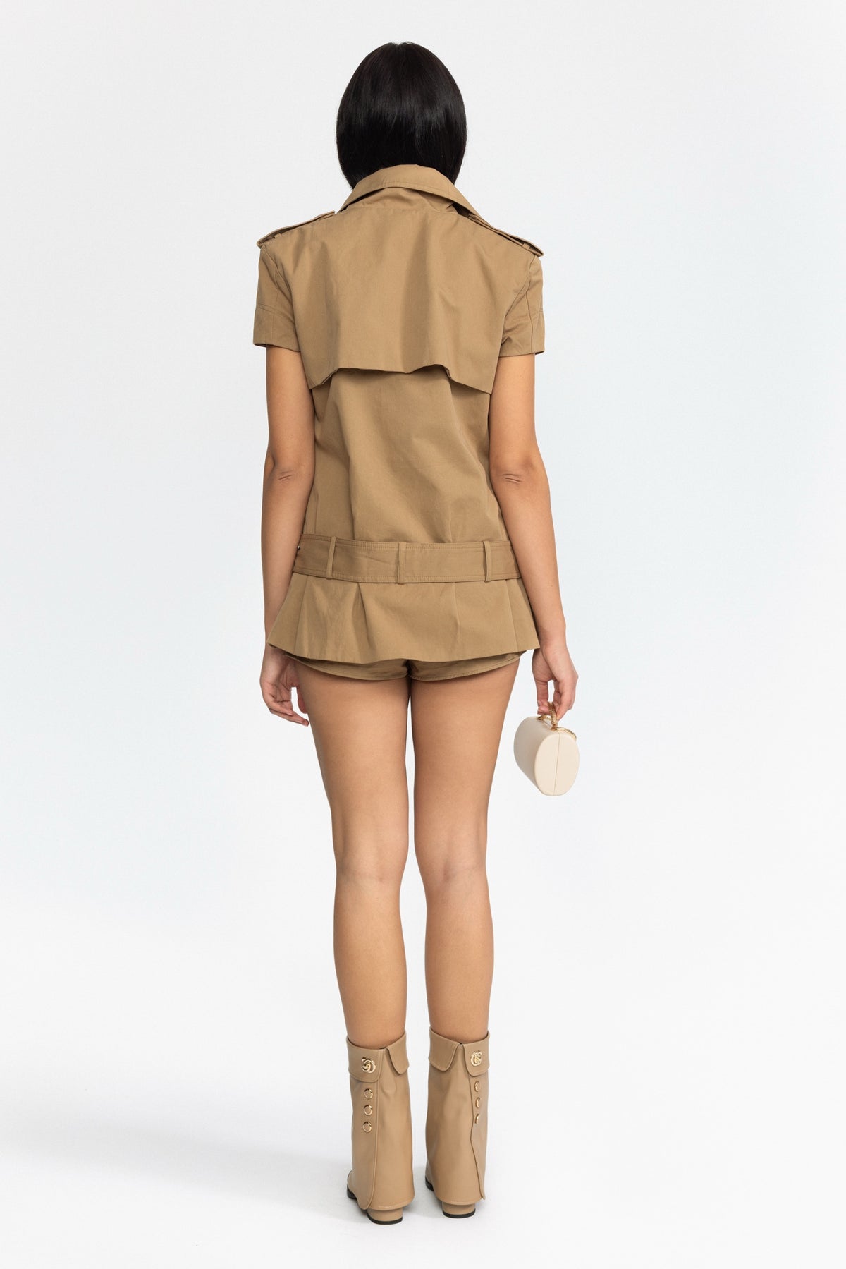 Belted Trench Top and Mini Shorts Set - Khaki