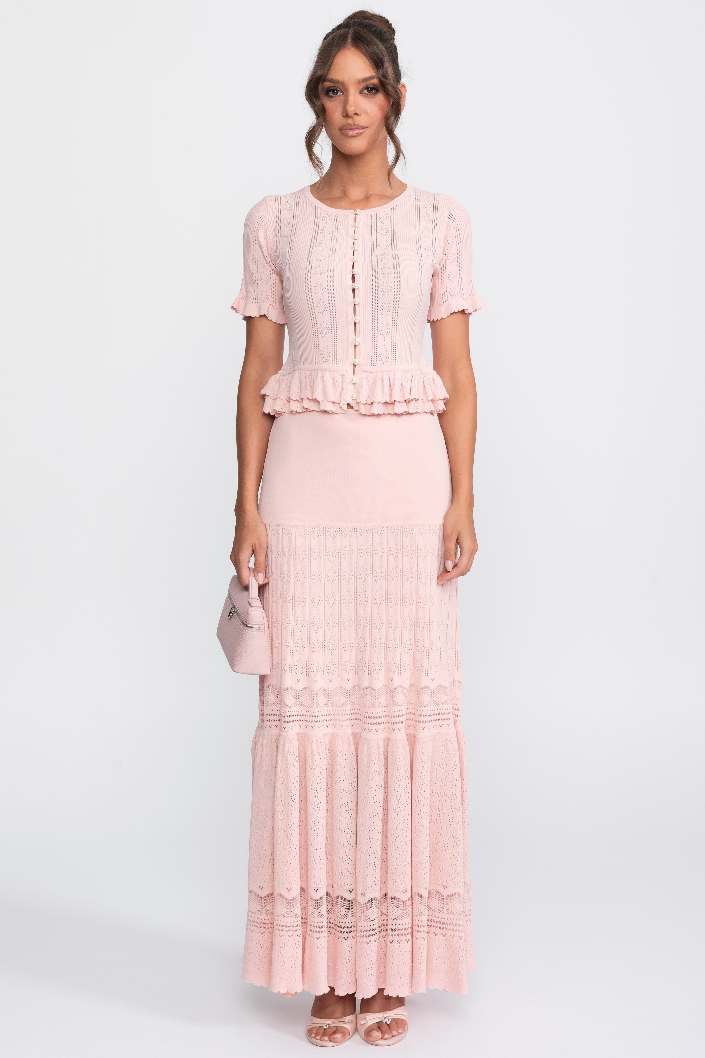 Two-Piece Knit Co-Ord Set With Ruffled Waist - Pink