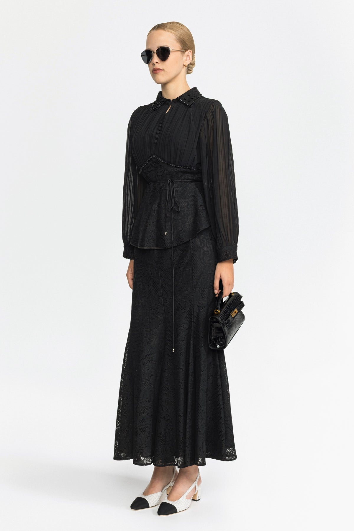 Pleated Chiffon Lace Peplum Blouse and Maxi Skirt Set - Black