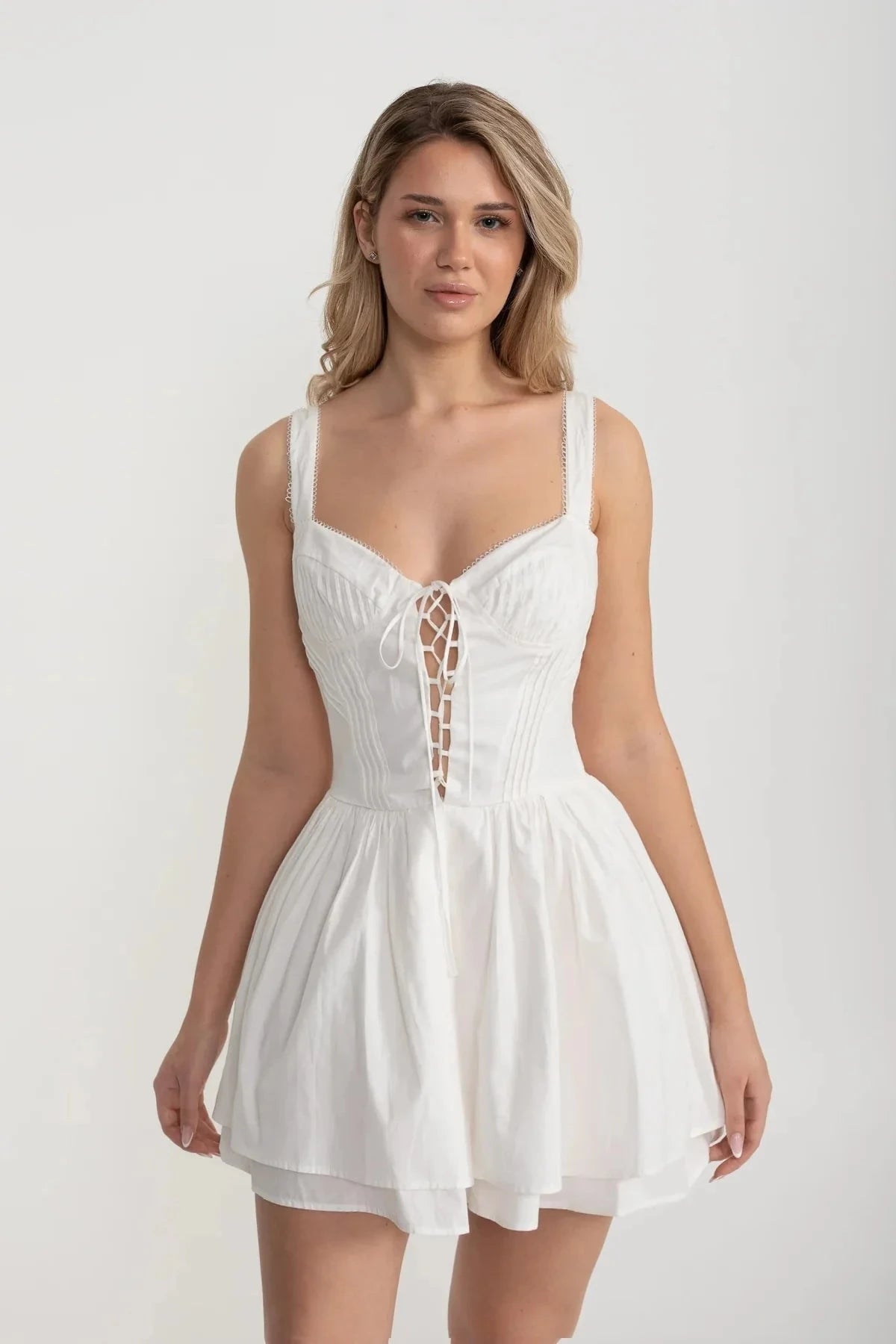 Corset Style Sleeveless Dress With Lace-Up Front Detailing White