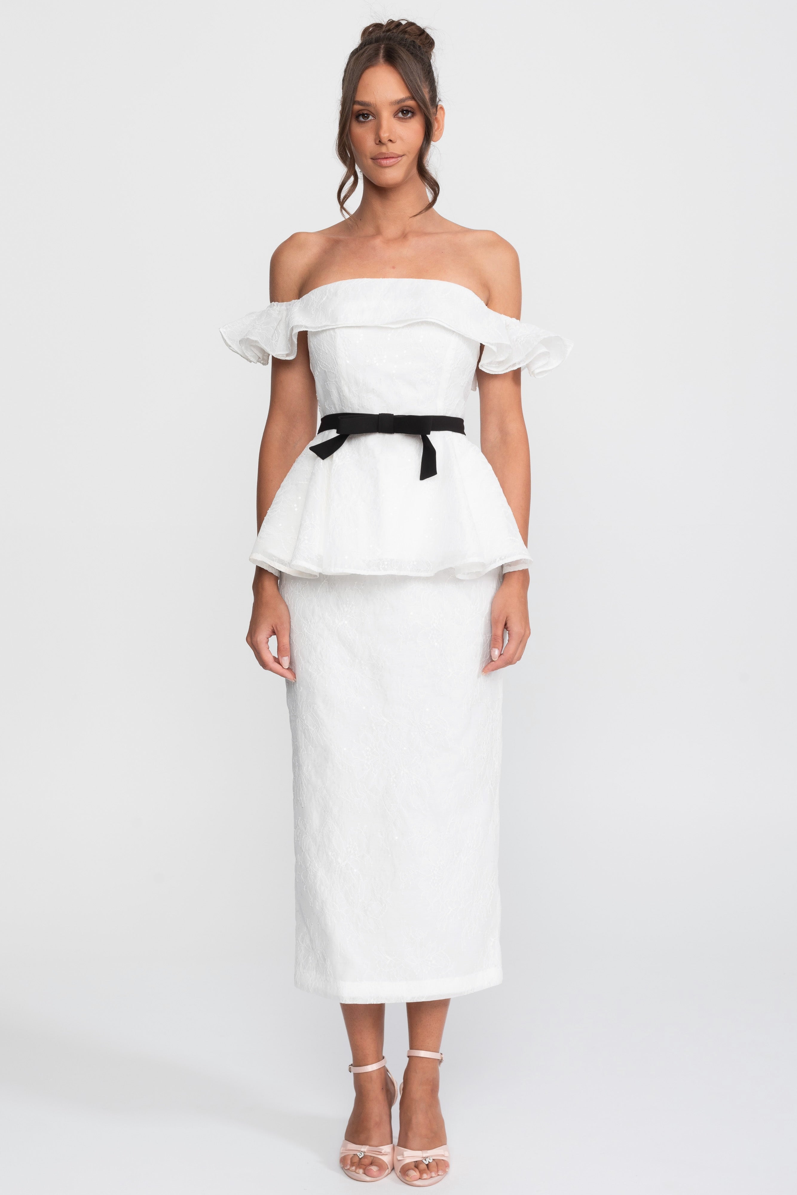Off-Shoulder Peplum Top And Skirt Set With Black Ribbon Belt - White