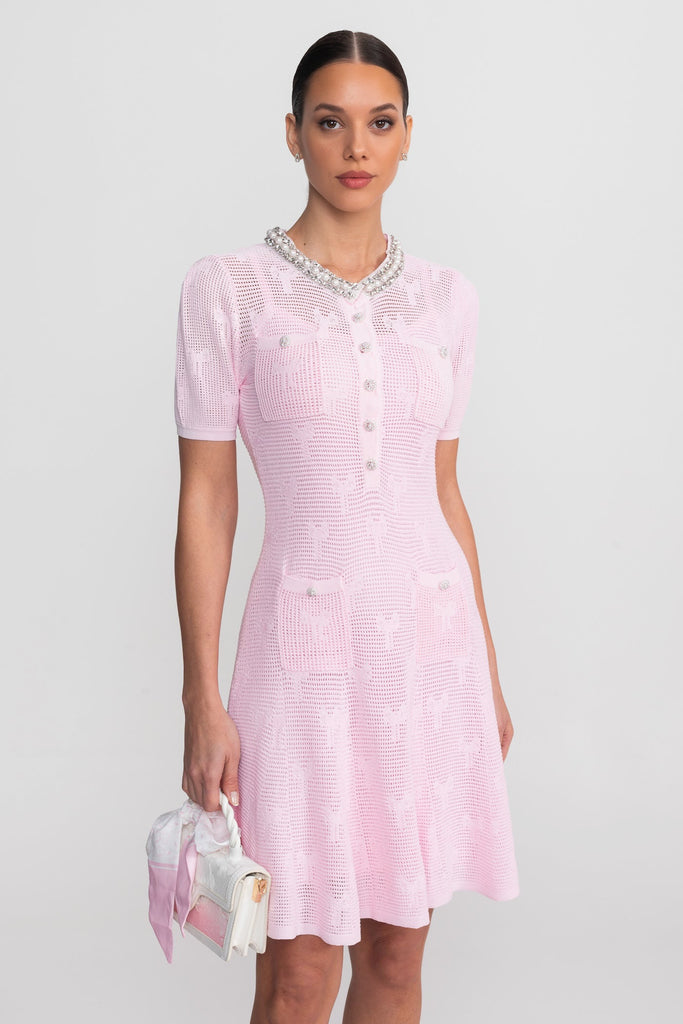 Textured Short Sleeve Mini Dress With Pearl Trim Neckline And Crystal Buttons - Pink