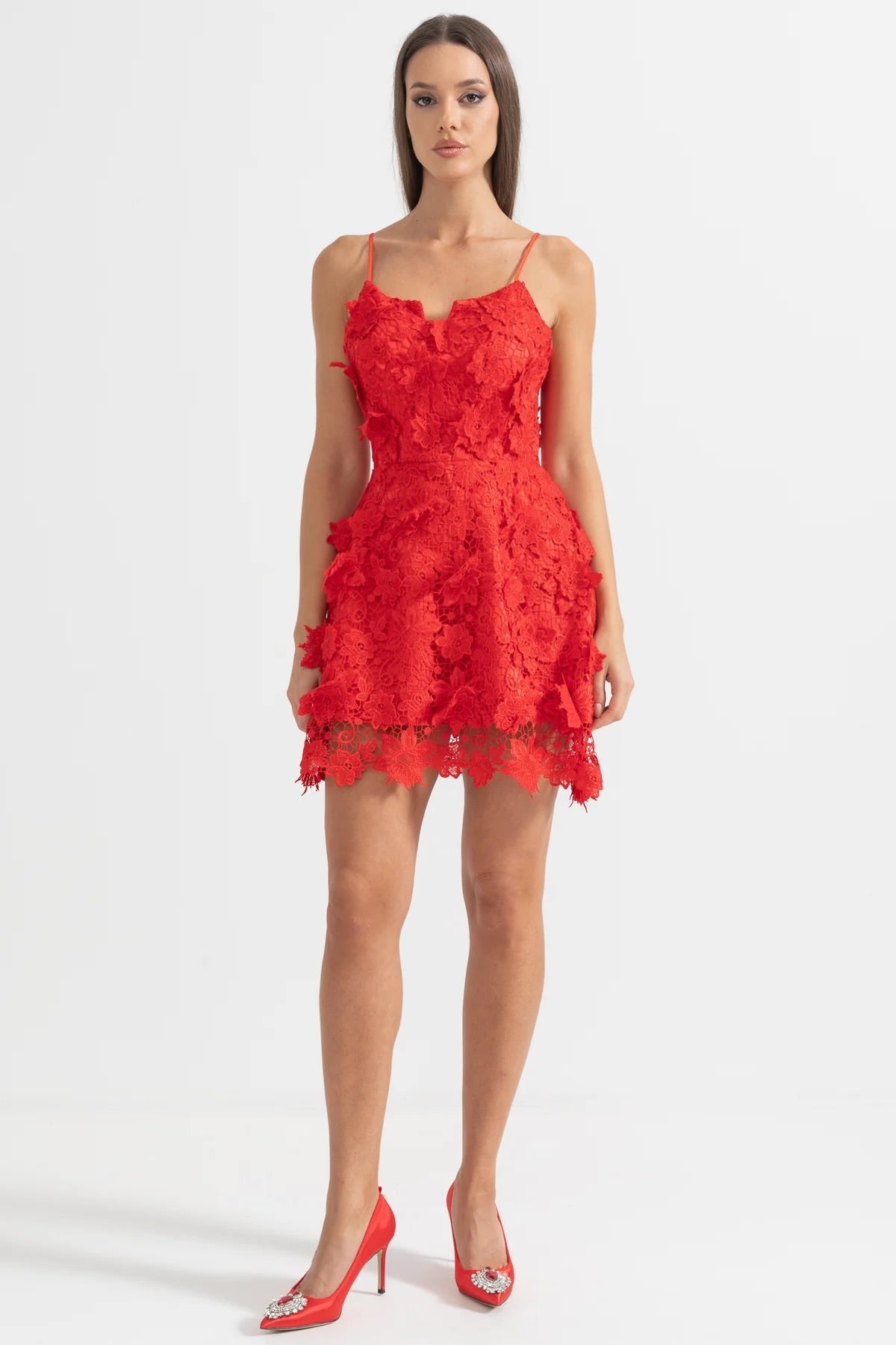 Elegant Mini Dress With Floral Lace Detailing - Red