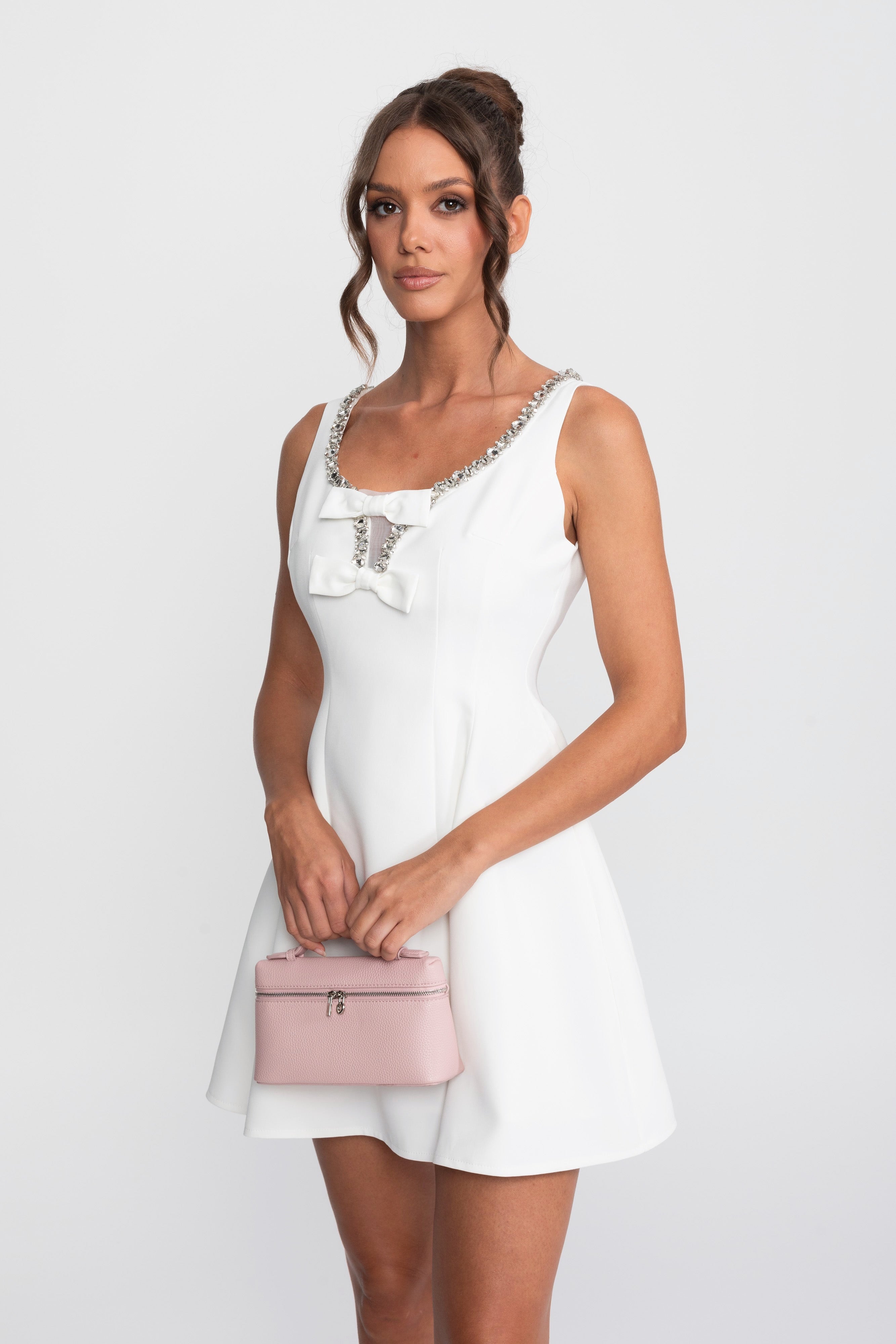 Crystal Trim Fit-and-Flare Mini Dress With Chest Bows - White
