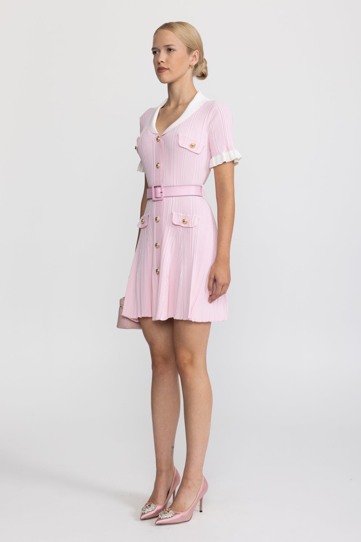 Ribbed Knit Contrast Collar Belted Mini Dress - Pink