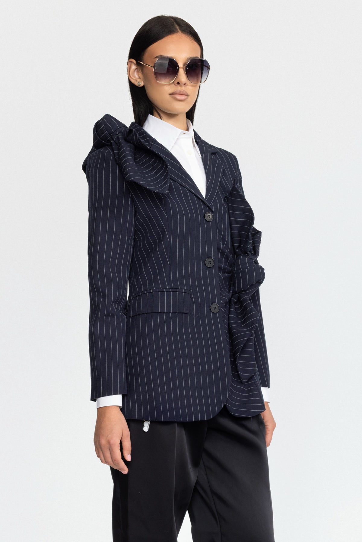 Pinstripe Knotted Bow Blazer - Navy