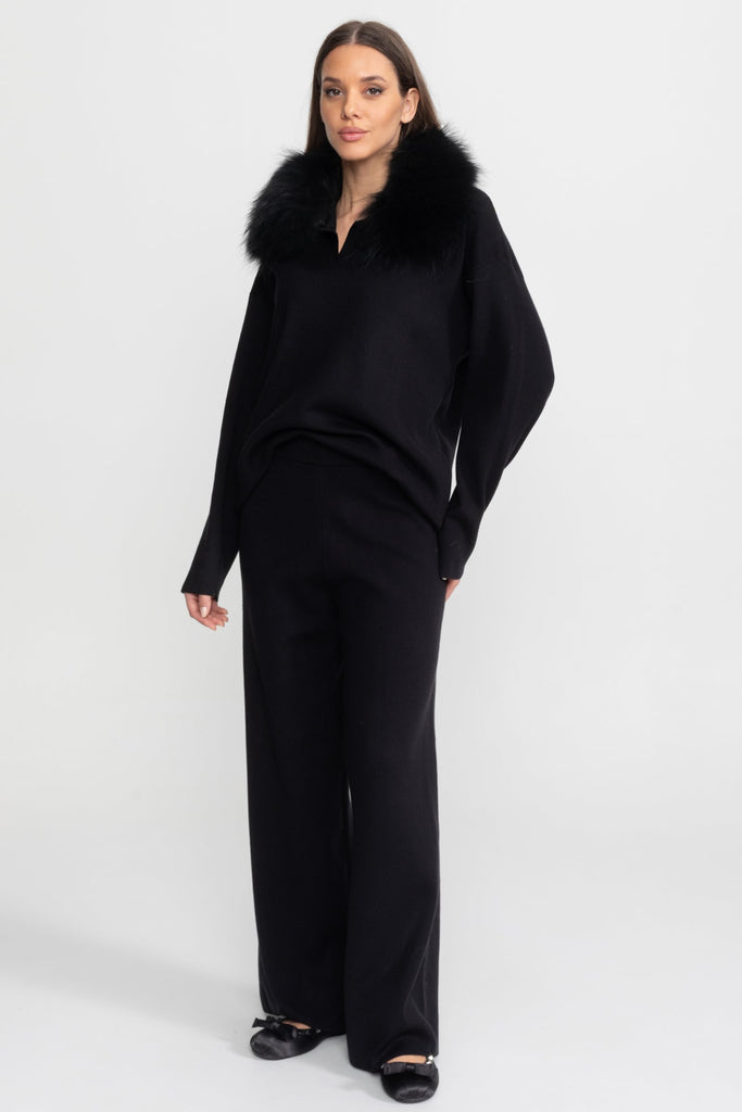 Knit Lounge Co-Ord Set with Fox Fur Collar – Black