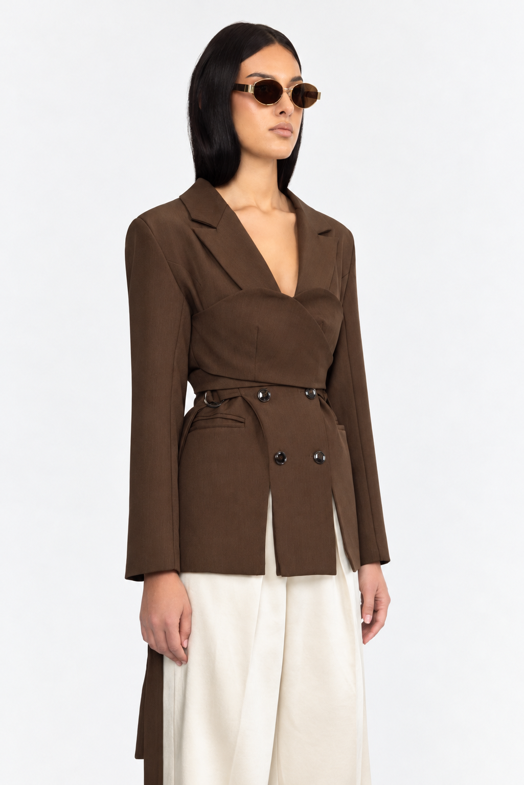 Bustier Wrap Double-Breasted Blazer - Brown