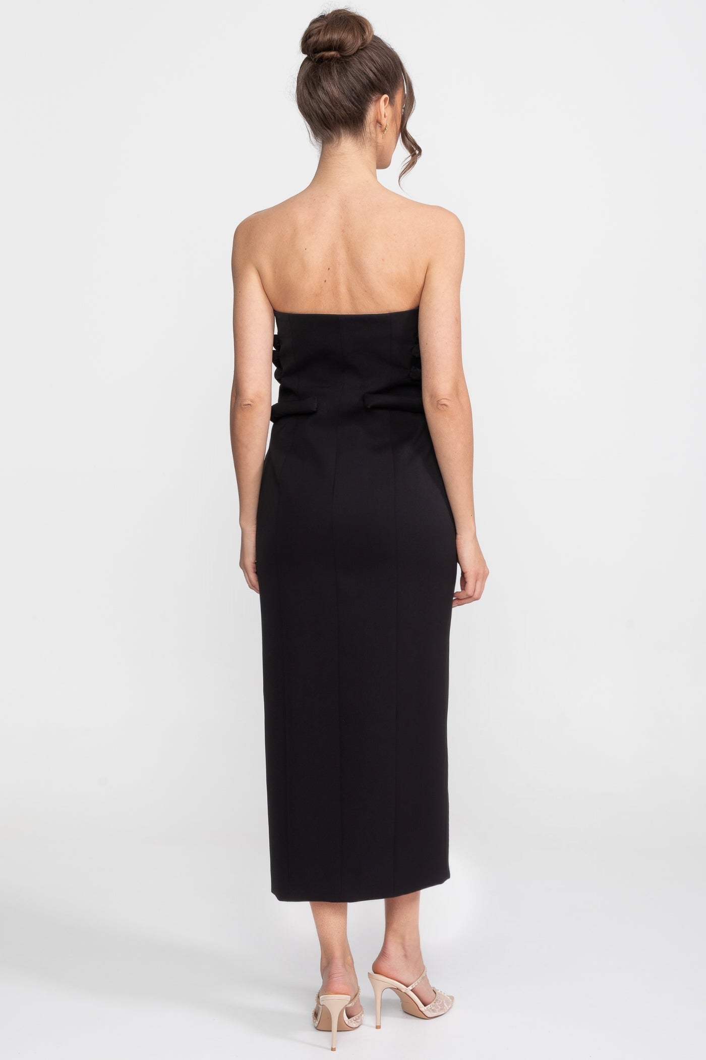 Midi Dress With Sculptural Knotted Bodice Detail And Jewel Buttons - Black