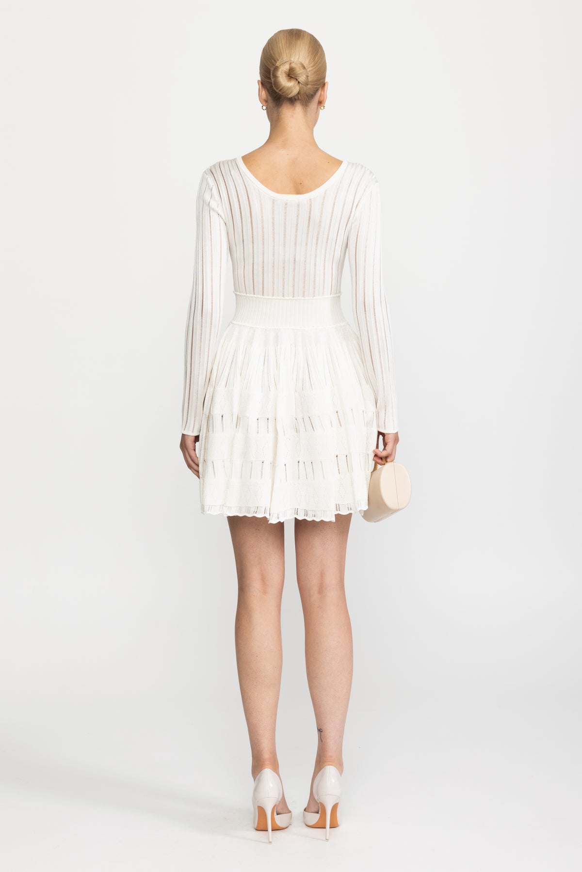 Ladder Knit Scoop Neck Skater Mini Dress - White