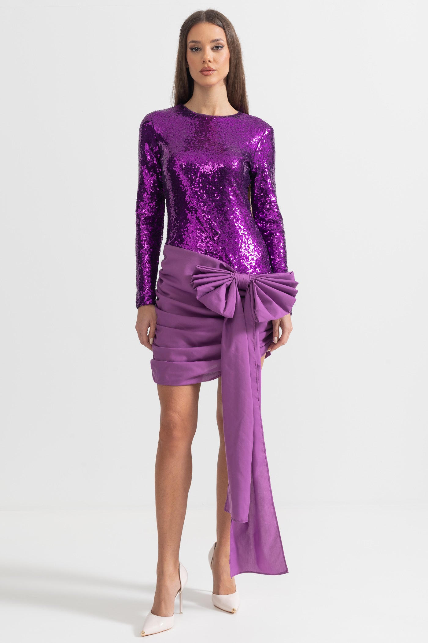 Elegant Sequin Dress With Asymmetric Bow Detailing - Purple