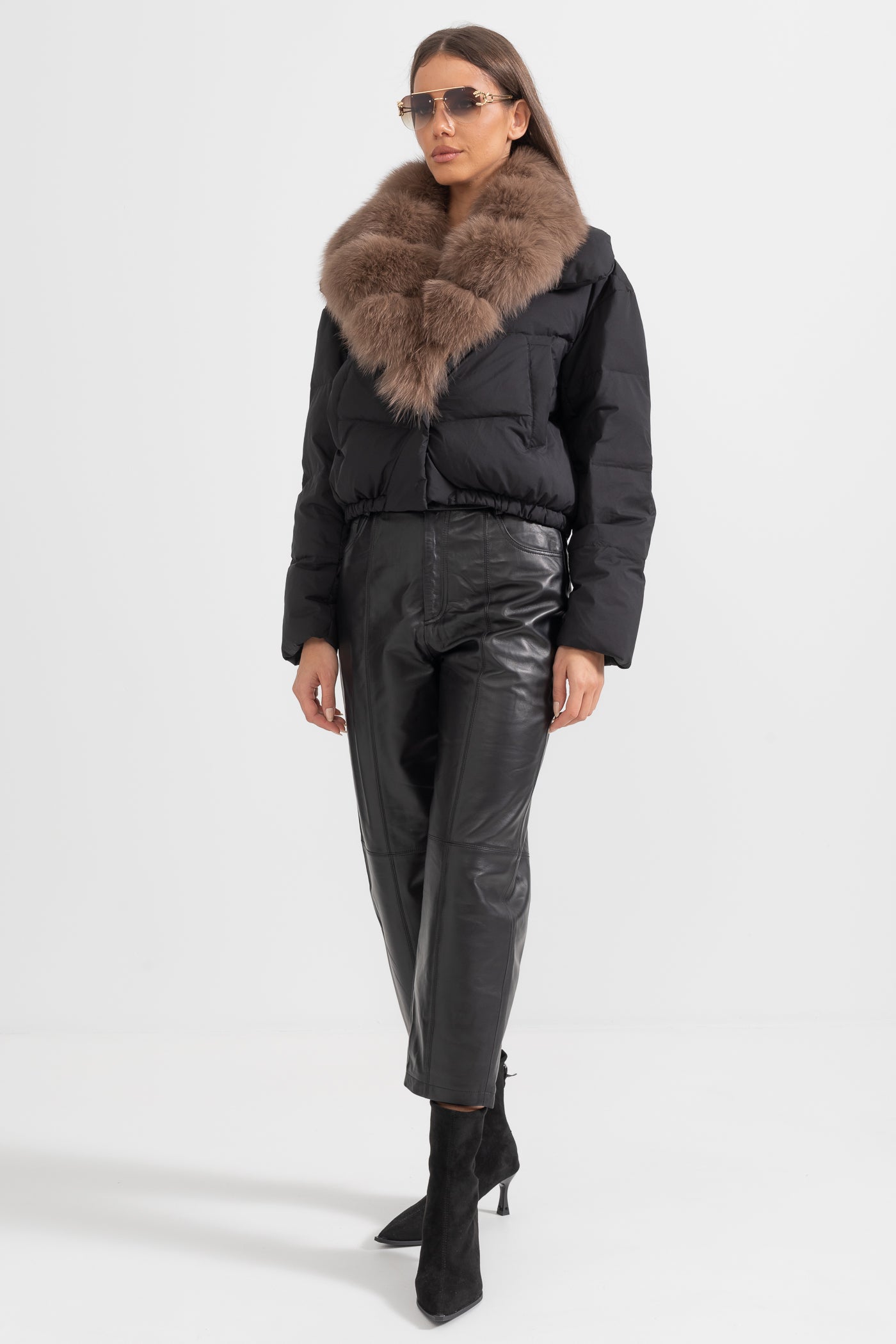 Puffer Jacket With Brown Fox Fur-Lined Hood - Black