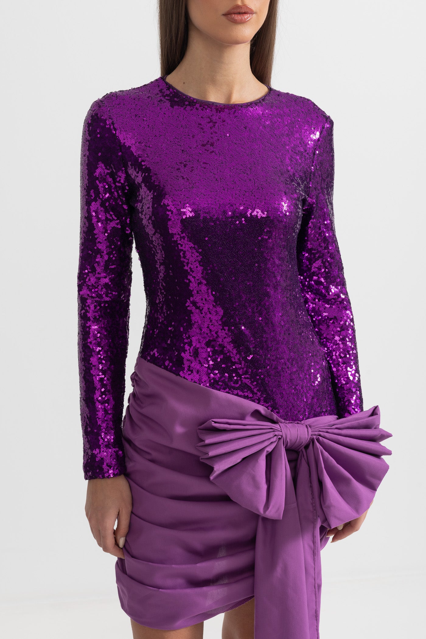 Elegant Sequin Dress With Asymmetric Bow Detailing - Purple