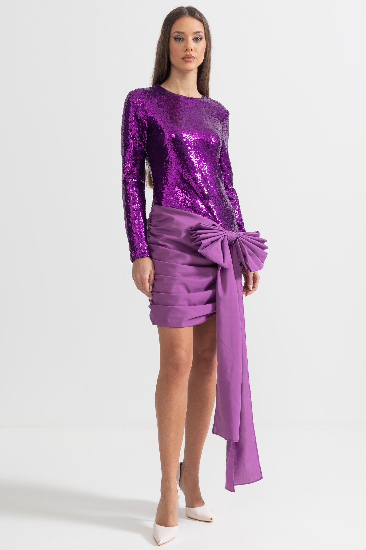 Elegant Sequin Dress With Asymmetric Bow Detailing - Purple