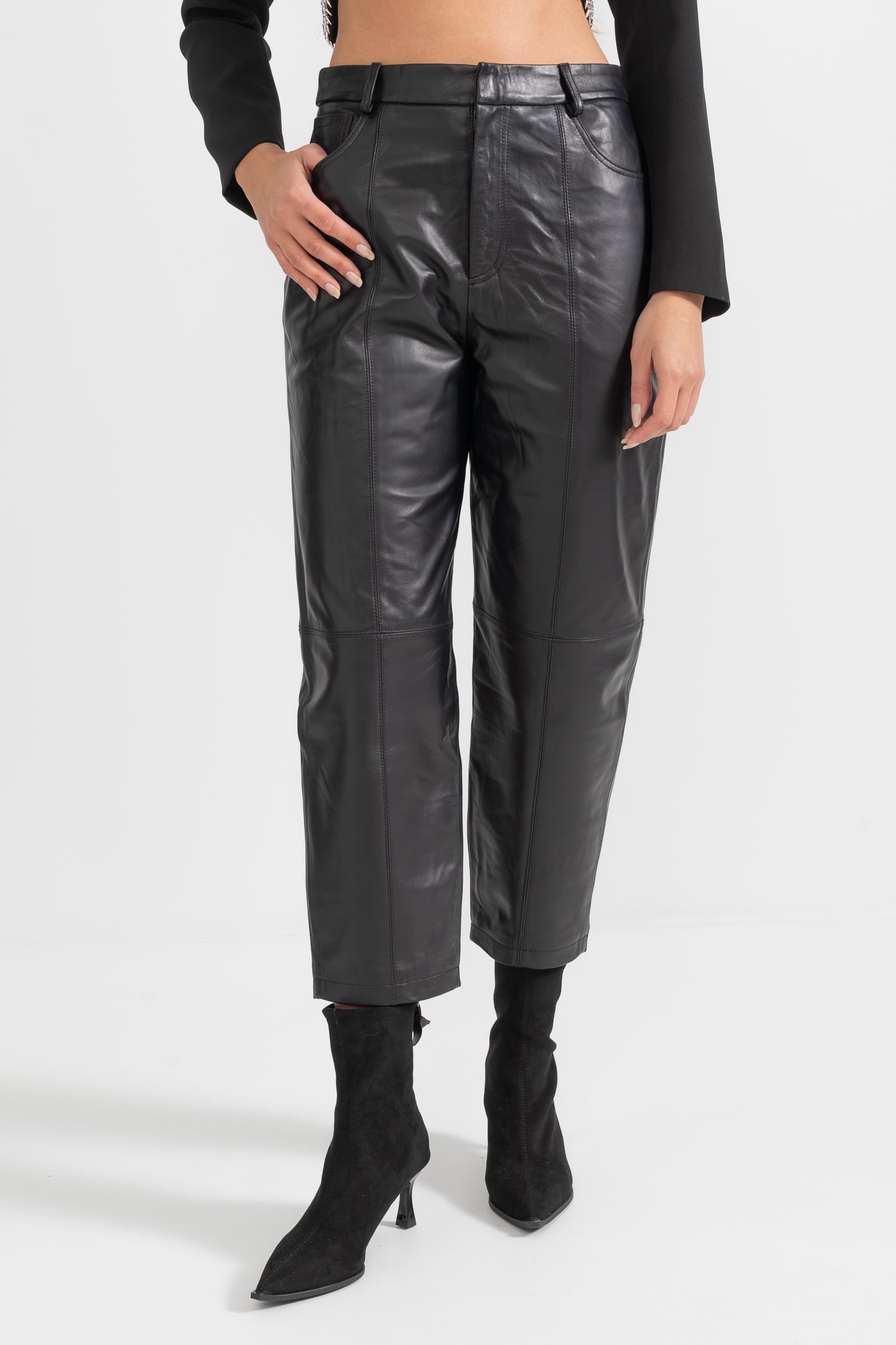 Leather Straight Leg Trousers With Decorative Stitching - Black