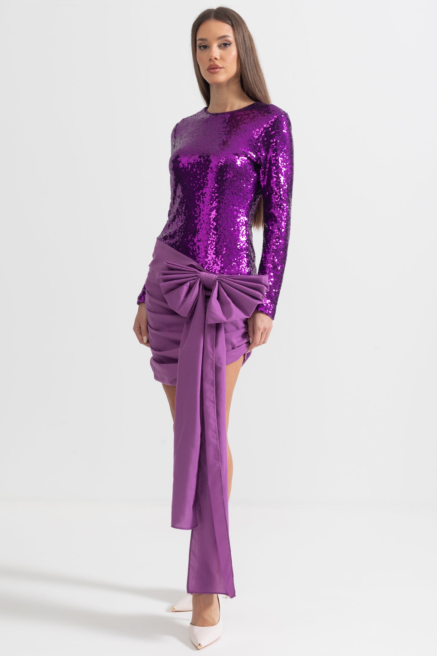 Elegant Sequin Dress With Asymmetric Bow Detailing - Purple