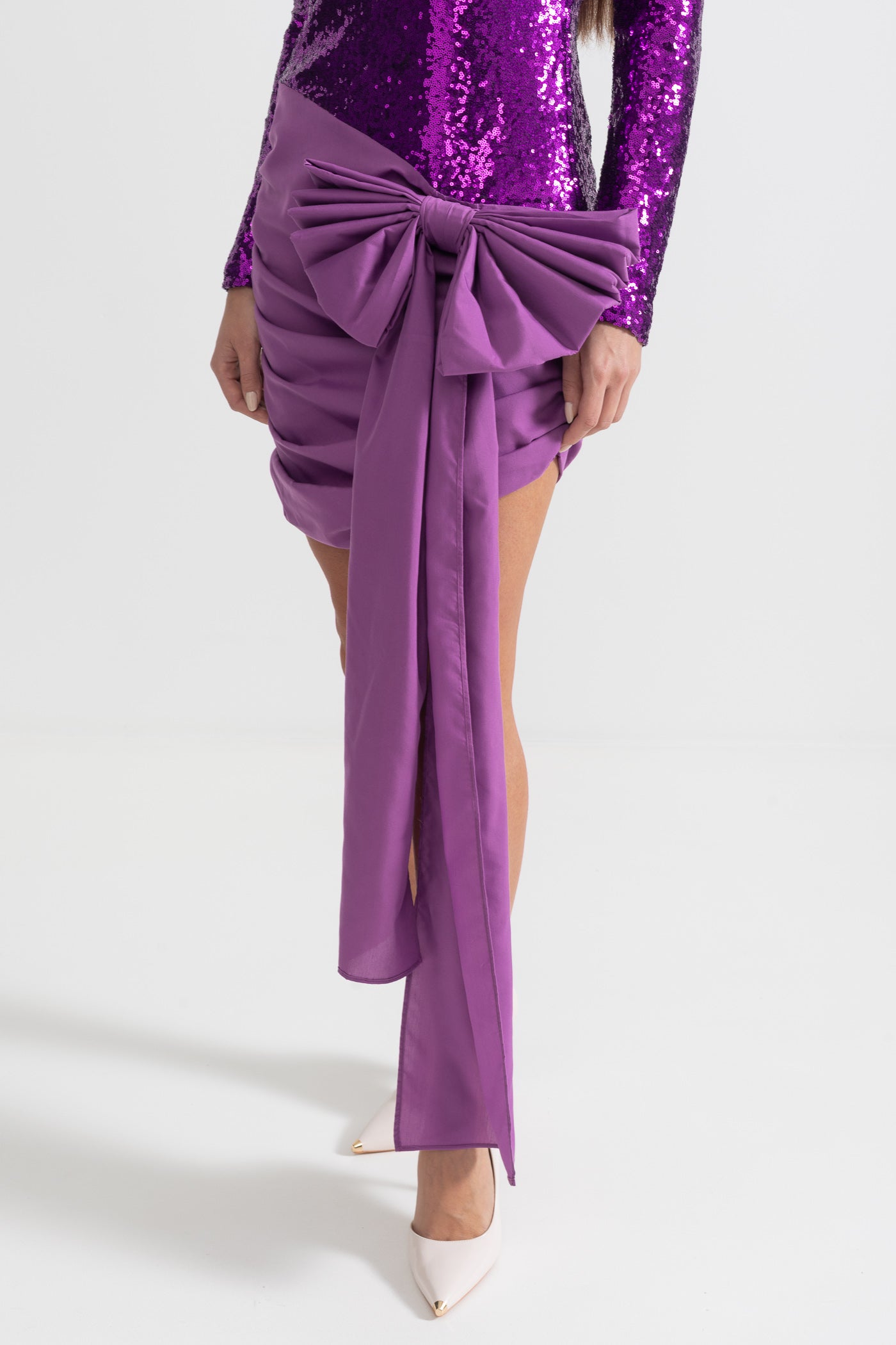 Elegant Sequin Dress With Asymmetric Bow Detailing - Purple