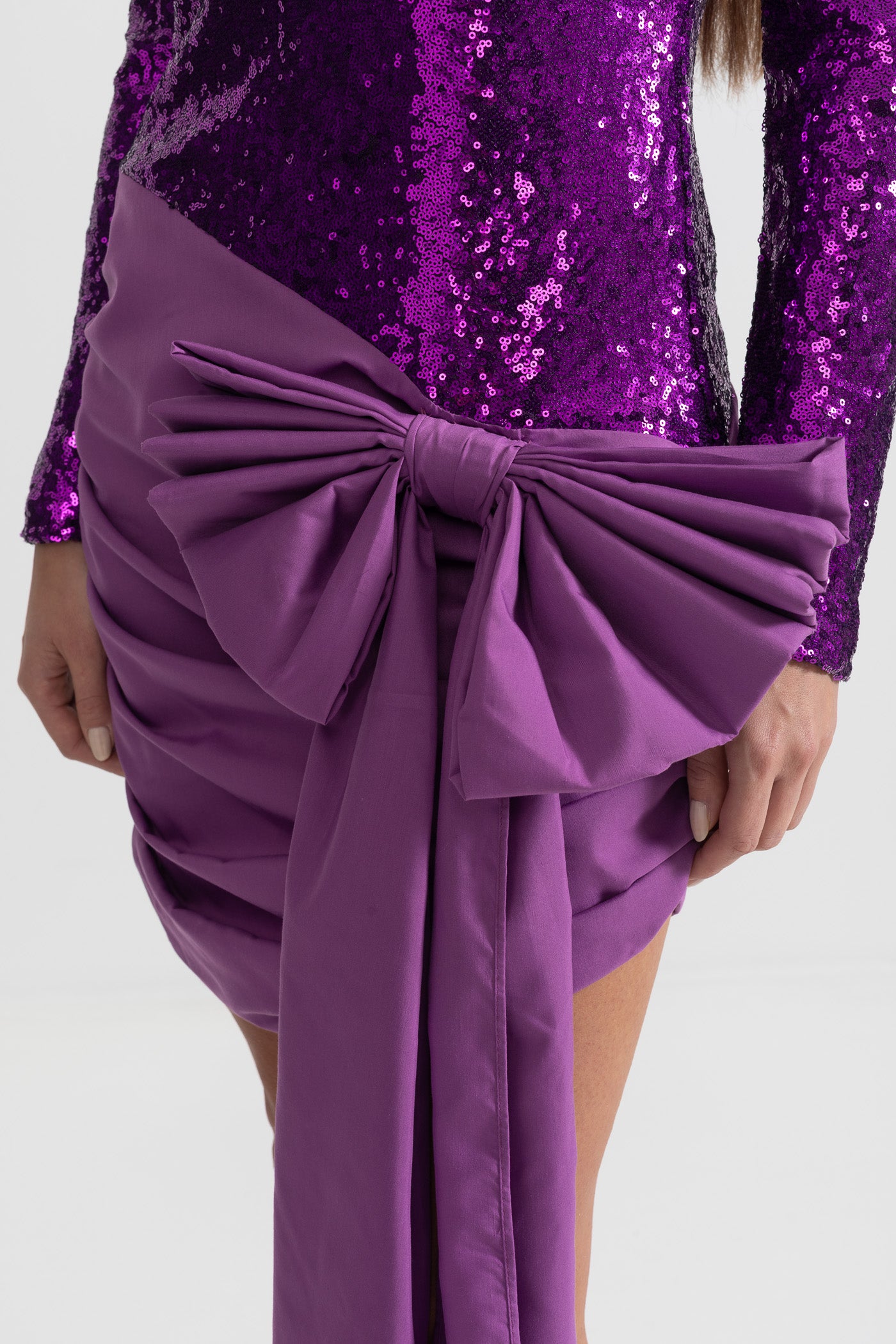 Elegant Sequin Dress With Asymmetric Bow Detailing - Purple