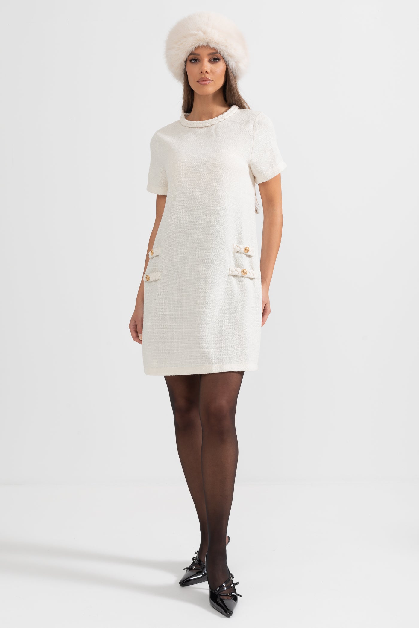 Short-Sleeve Textured Dress With Braided Accents - Ivoire