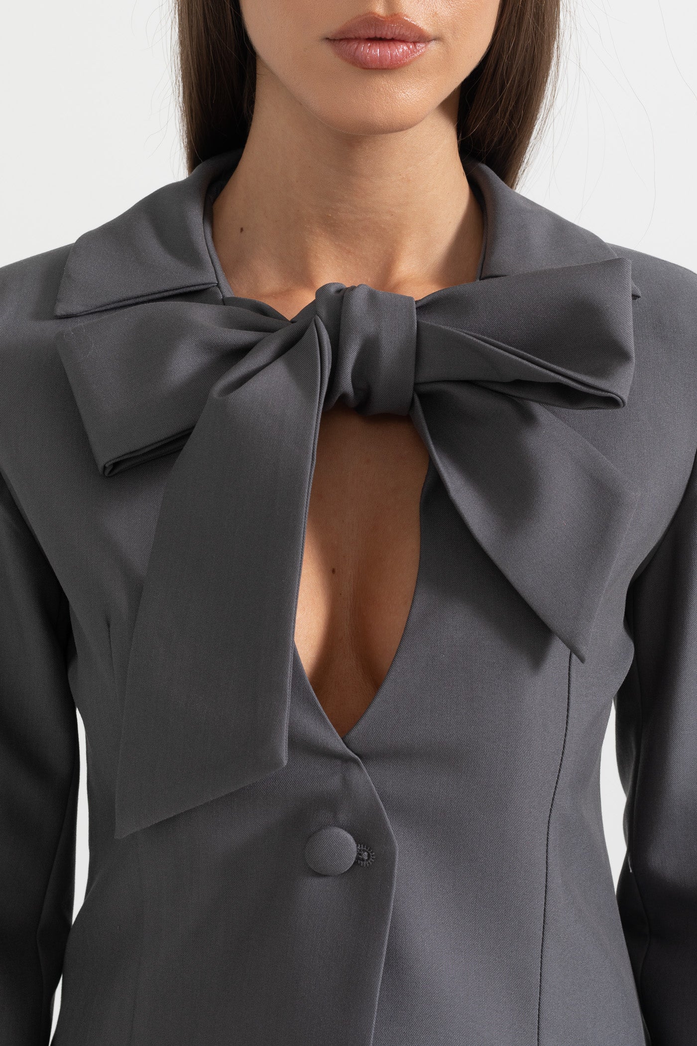 Tailored Blazer With Collar Bow - Gray