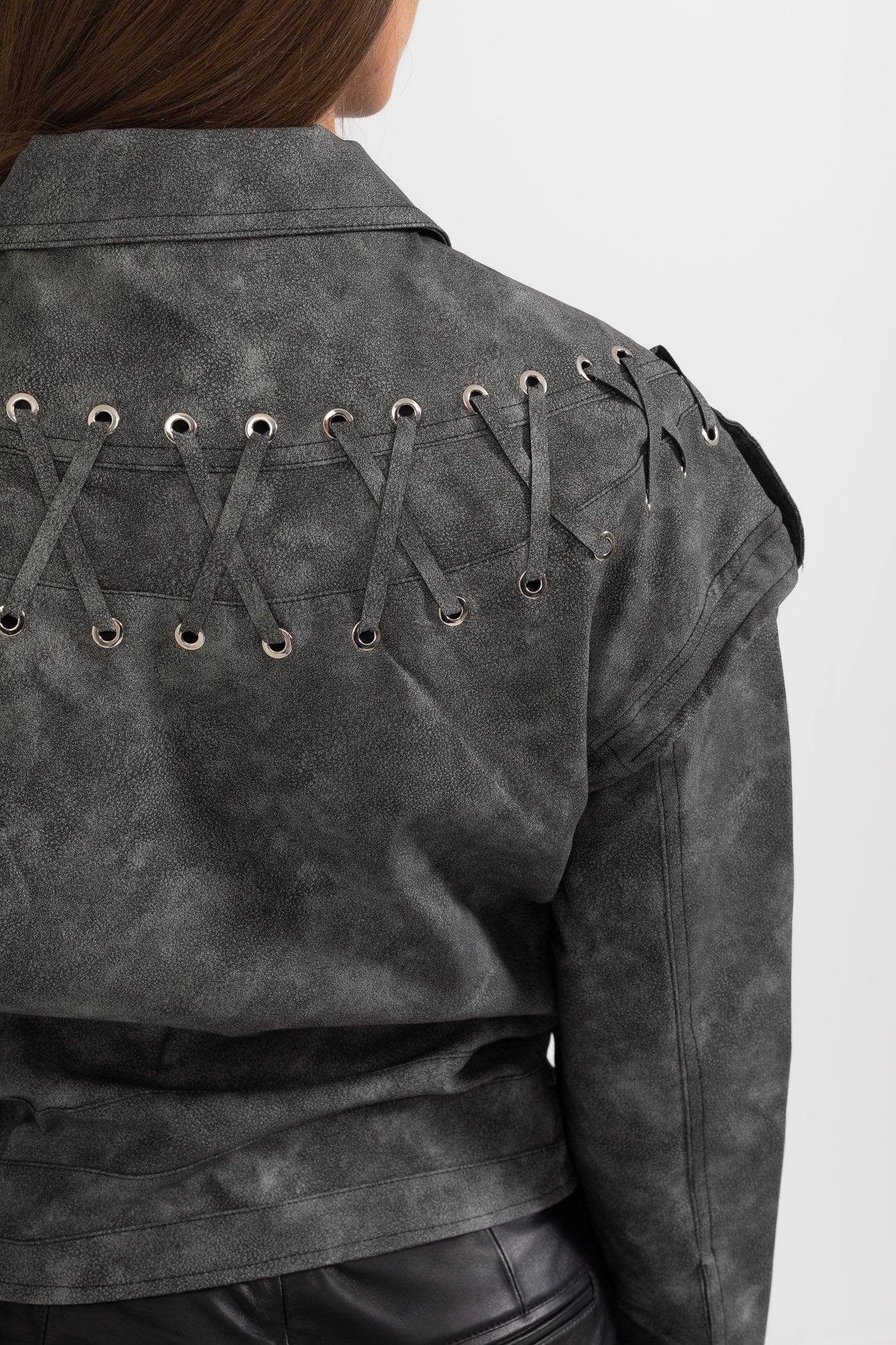 Vegan Leather Jacket With Stitched Back Details - Charcoal