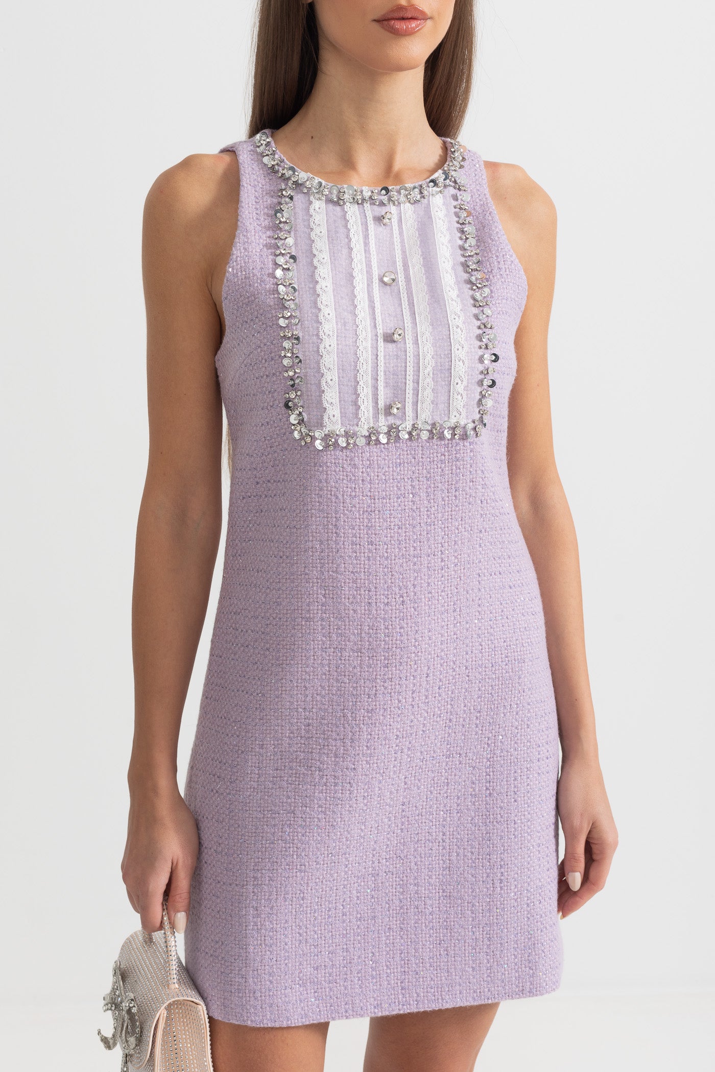 Textured Mini Dress With Sequin and Lace Embellishments - Purple