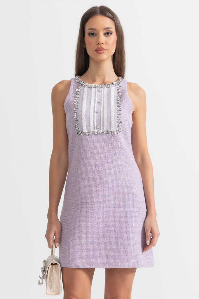 Textured Mini Dress With Sequin and Lace Embellishments - Purple