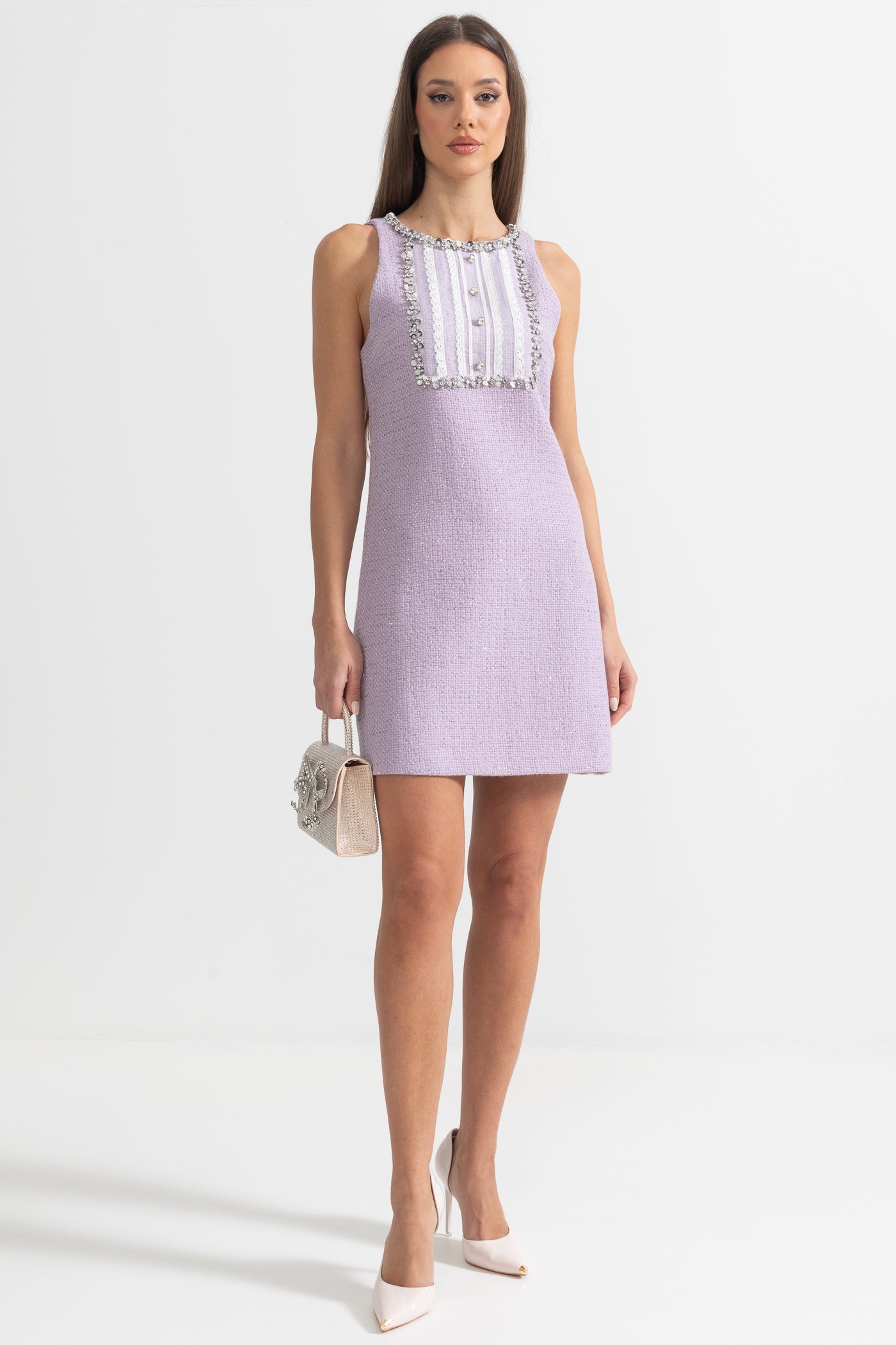 Textured Mini Dress With Sequin and Lace Embellishments - Purple