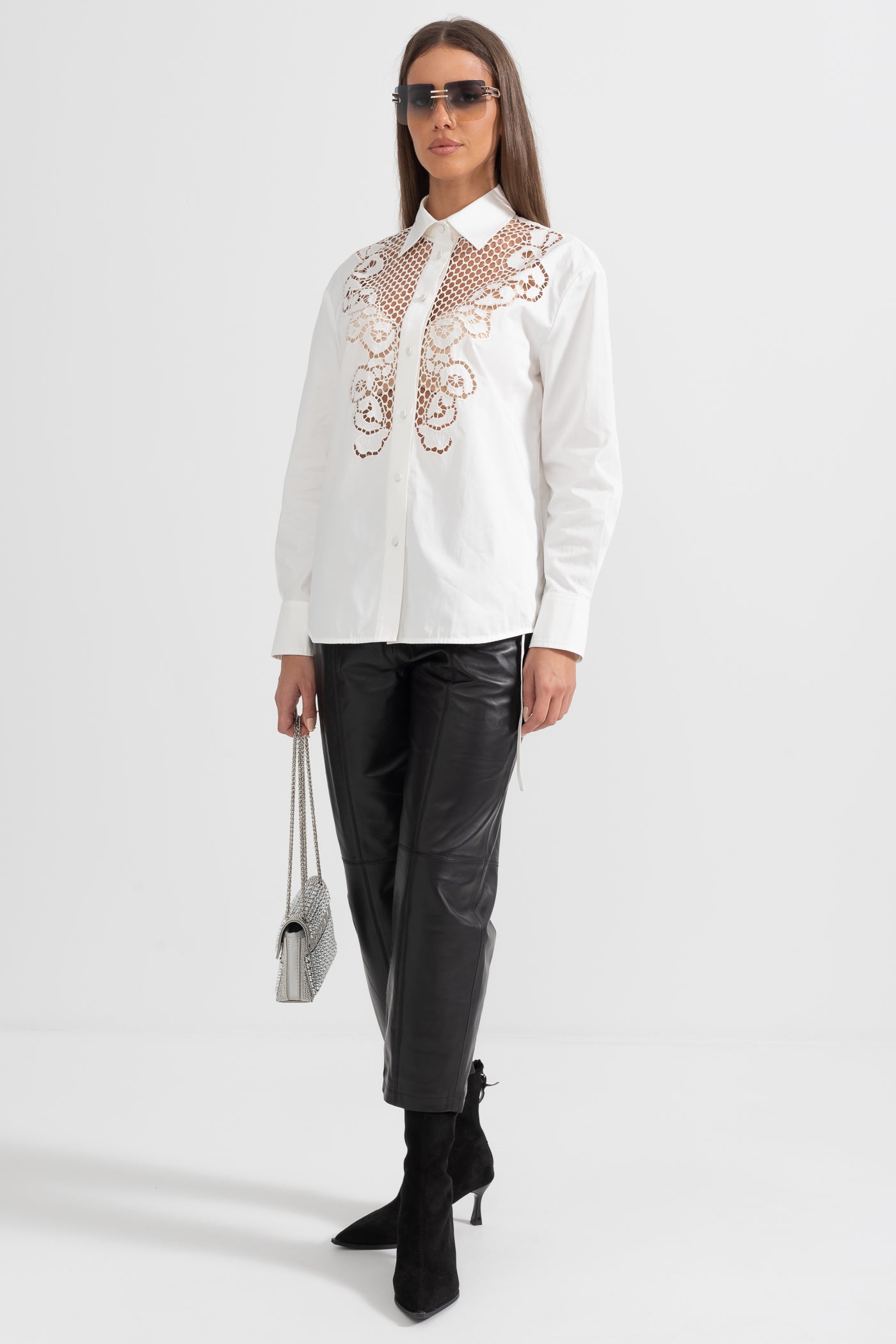 Button-Up Shirt With Lace Floral Detailing - White