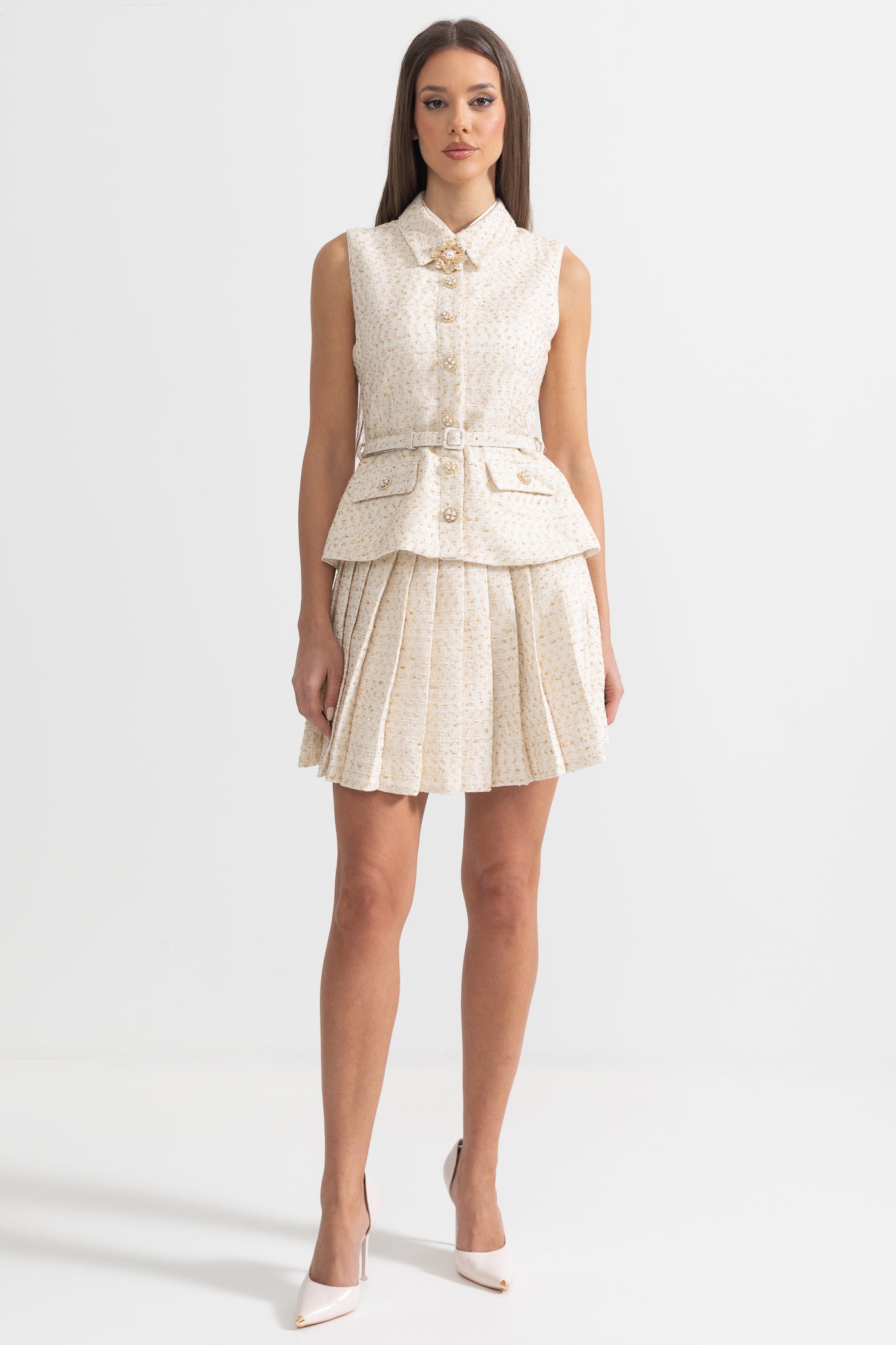 Sleeveless Textured Mini Dress With Pleated Skirt And Waistbelt - Ivoire