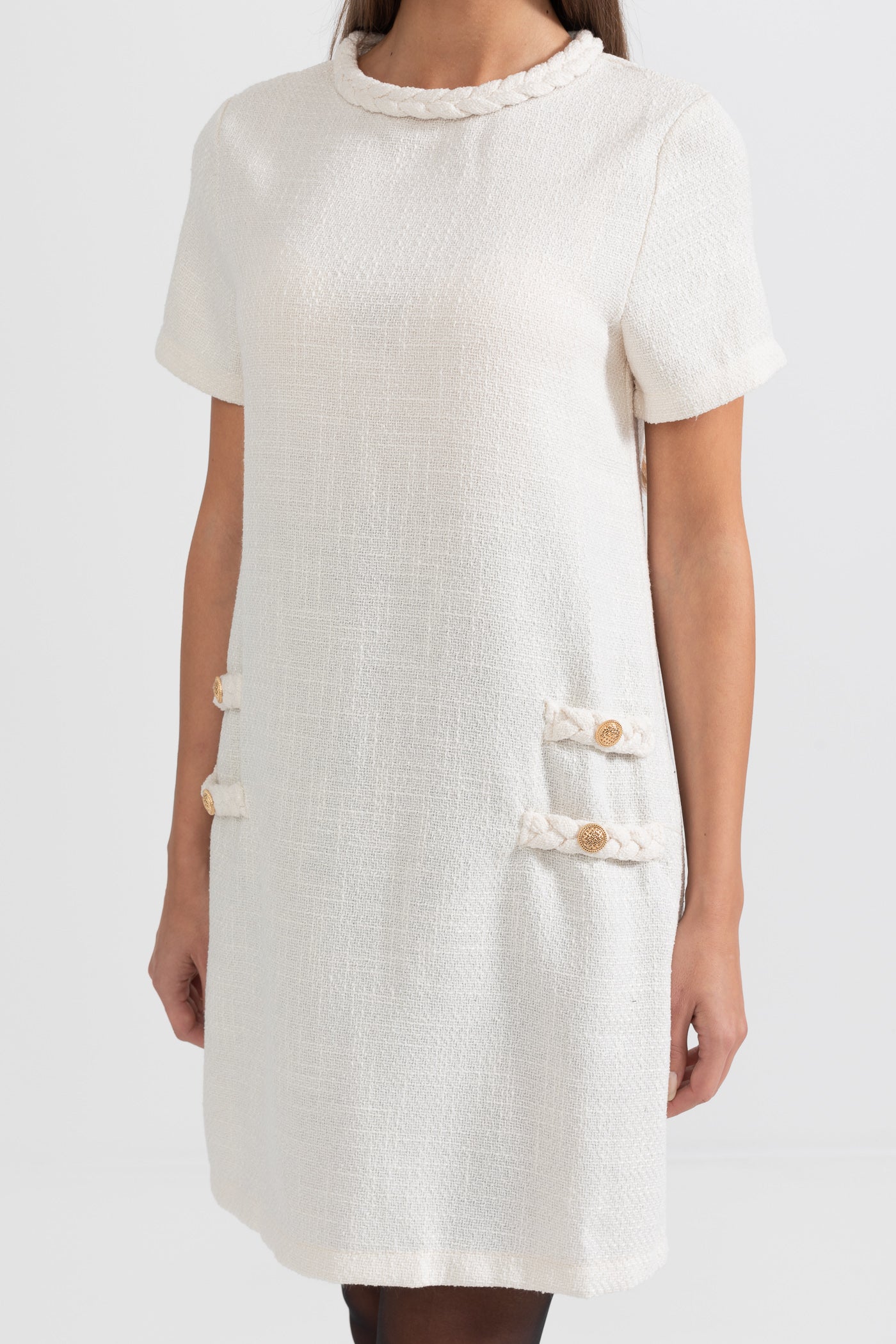 Short-Sleeve Textured Dress With Braided Accents - Ivoire