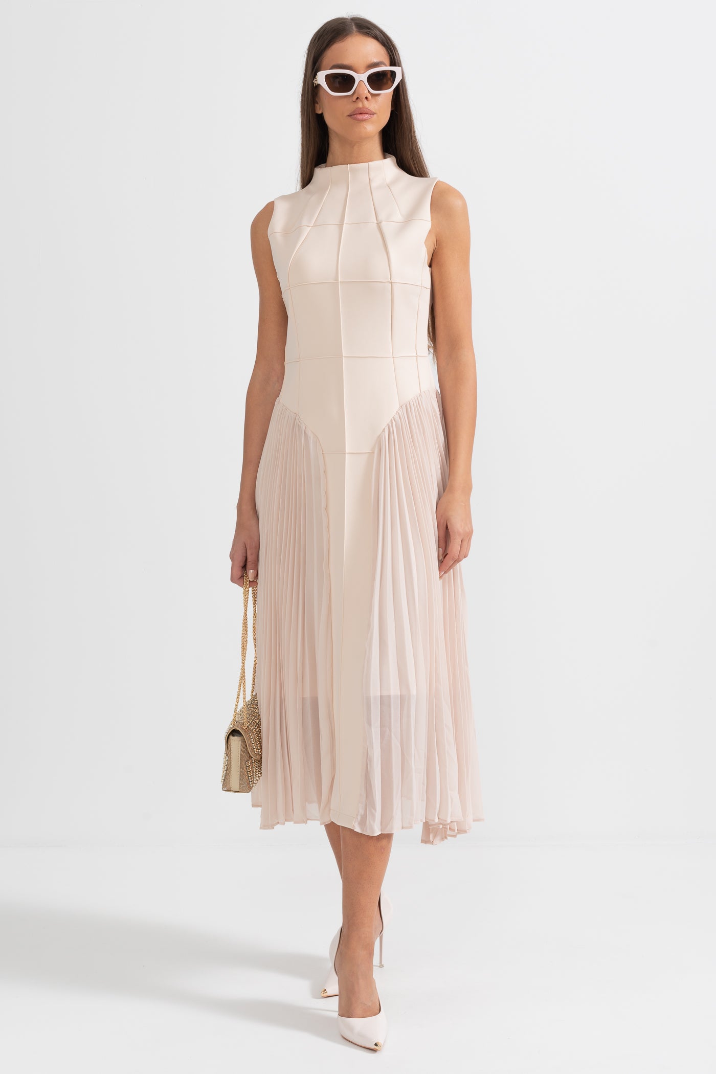 Sleeveless Knit Midi Dress with Plies - Nude