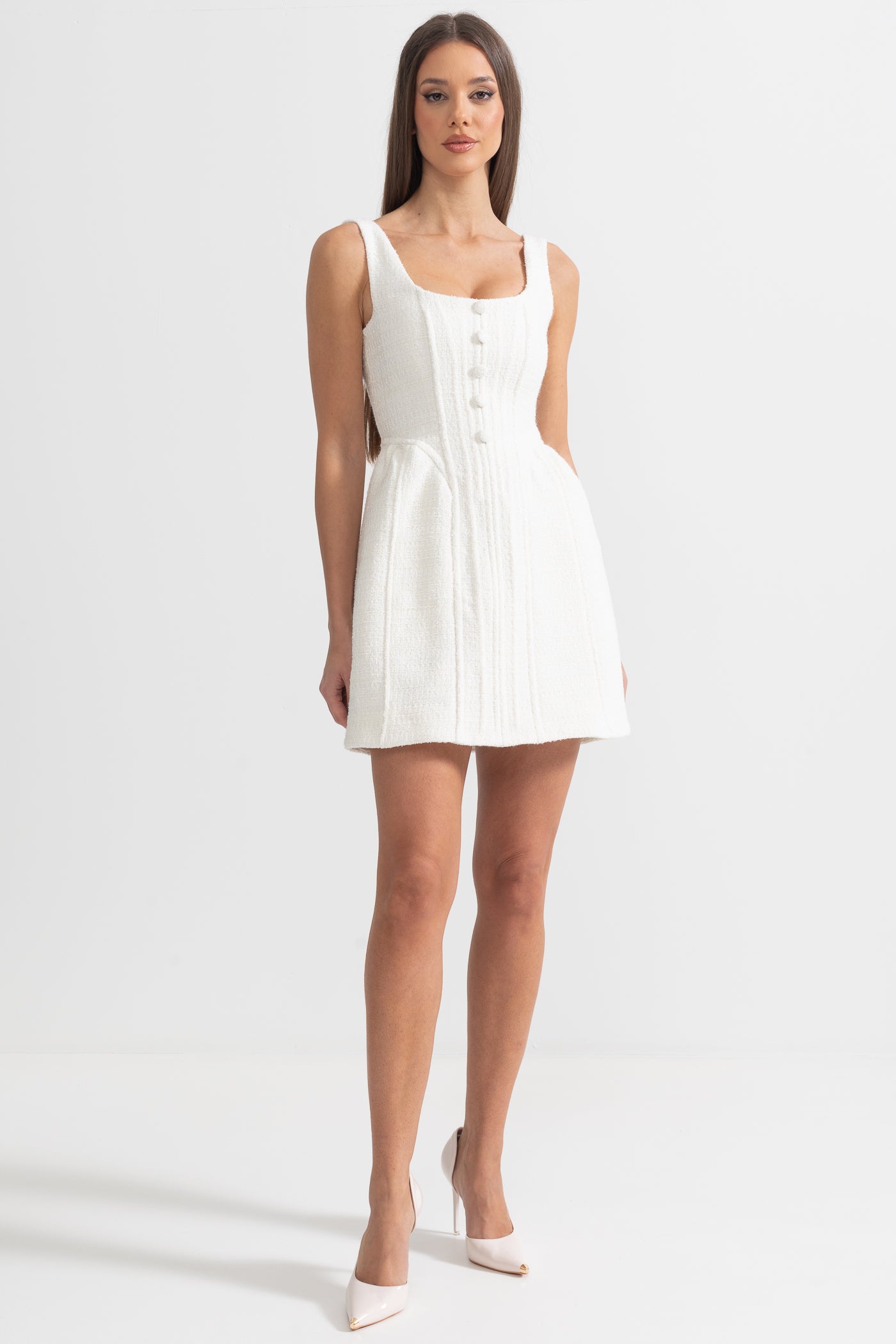 Textured Sleeveless Mini Dress With Fitted Bodice  - Ivoire