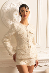 Double Breasted Textured Overcoat With Golden Buttons - Ivoire