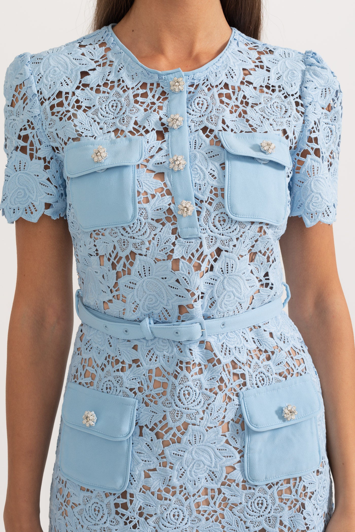 Short Sleeve Embroidered Floral Dress - Blue