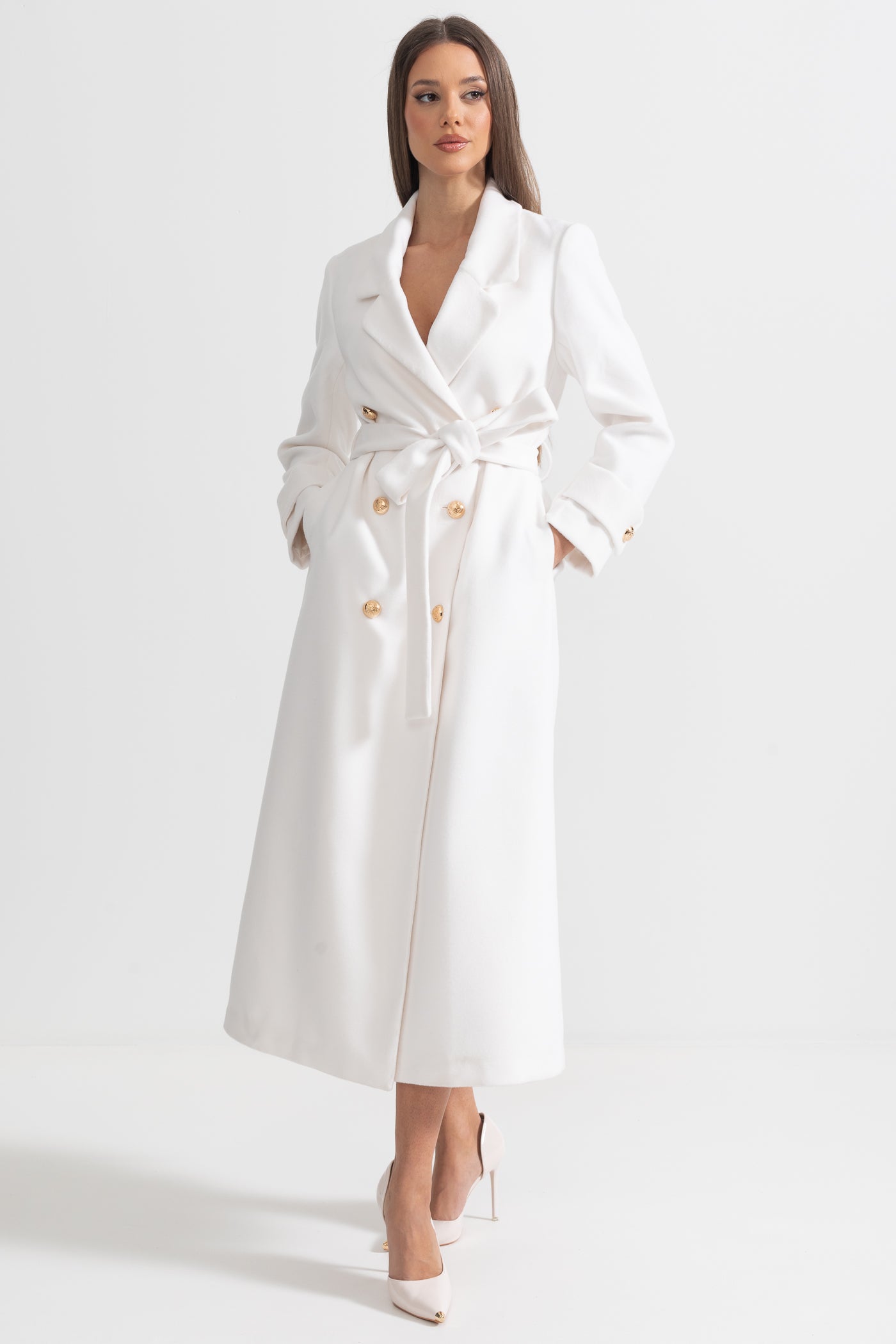 Elegant Long Coat With Wide Lapel Design - White