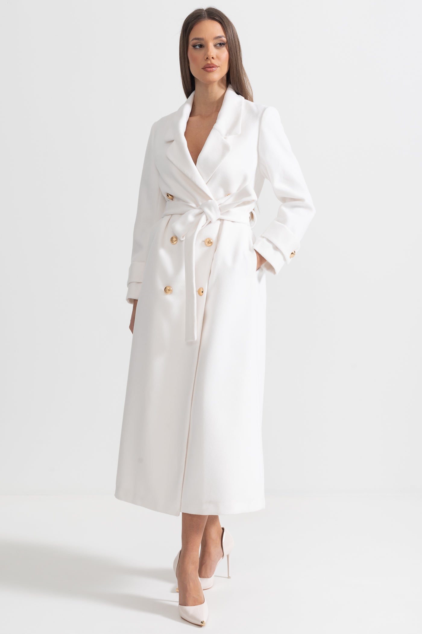 Elegant Long Coat With Wide Lapel Design - White