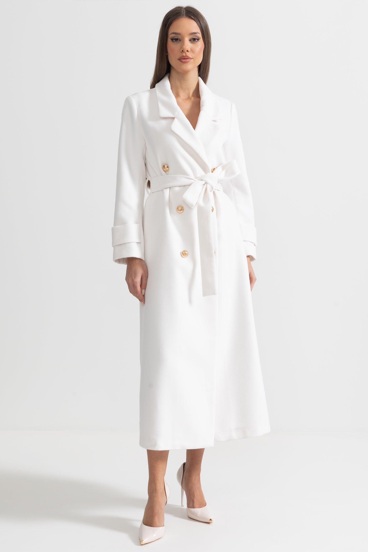 Elegant Long Coat With Wide Lapel Design - White