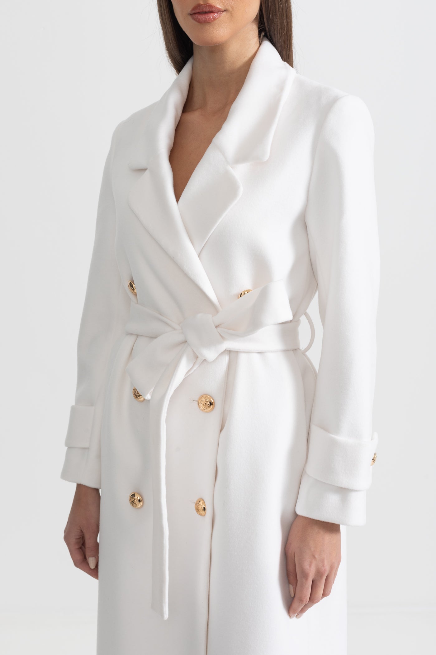 Elegant Long Coat With Wide Lapel Design - White