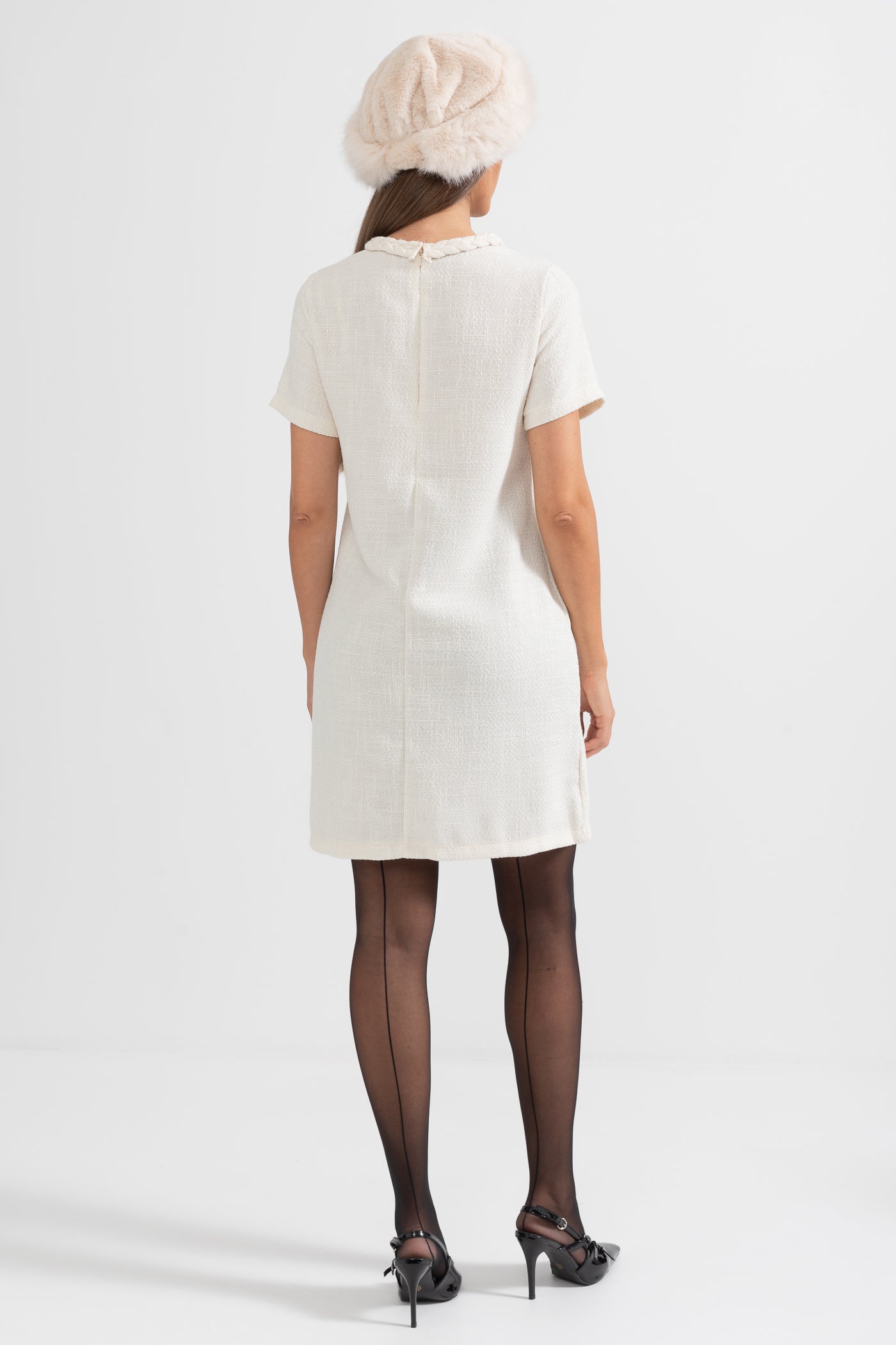 Short-Sleeve Textured Dress With Braided Accents - Ivoire