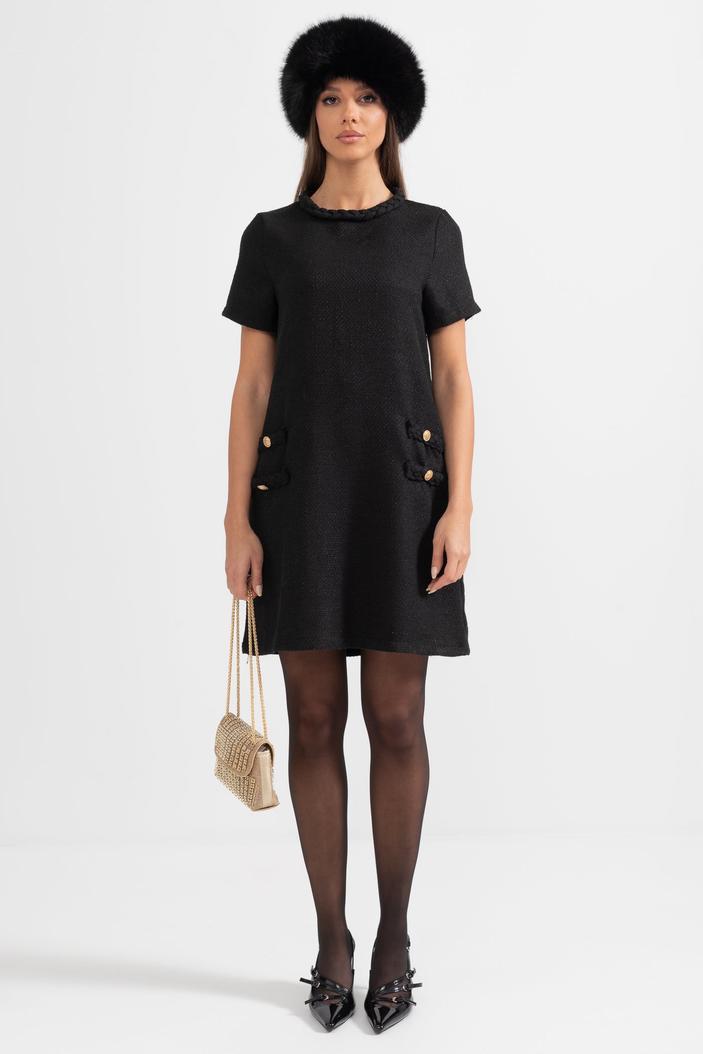 Short-Sleeve Textured Dress With Braided Accents - Black