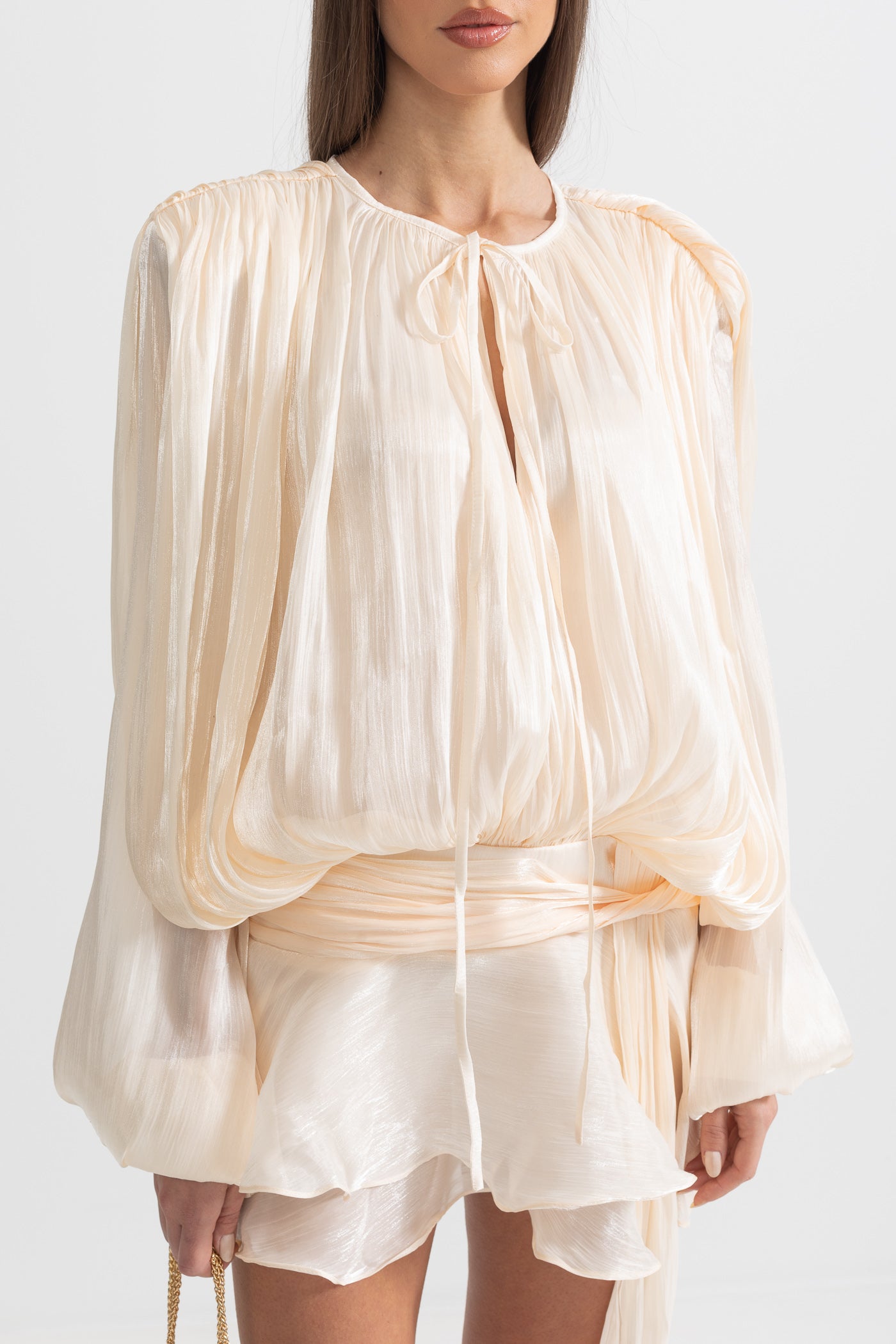 Ruffled Long Sleeved Mini Dress With Flowing Silhouette - Apricot