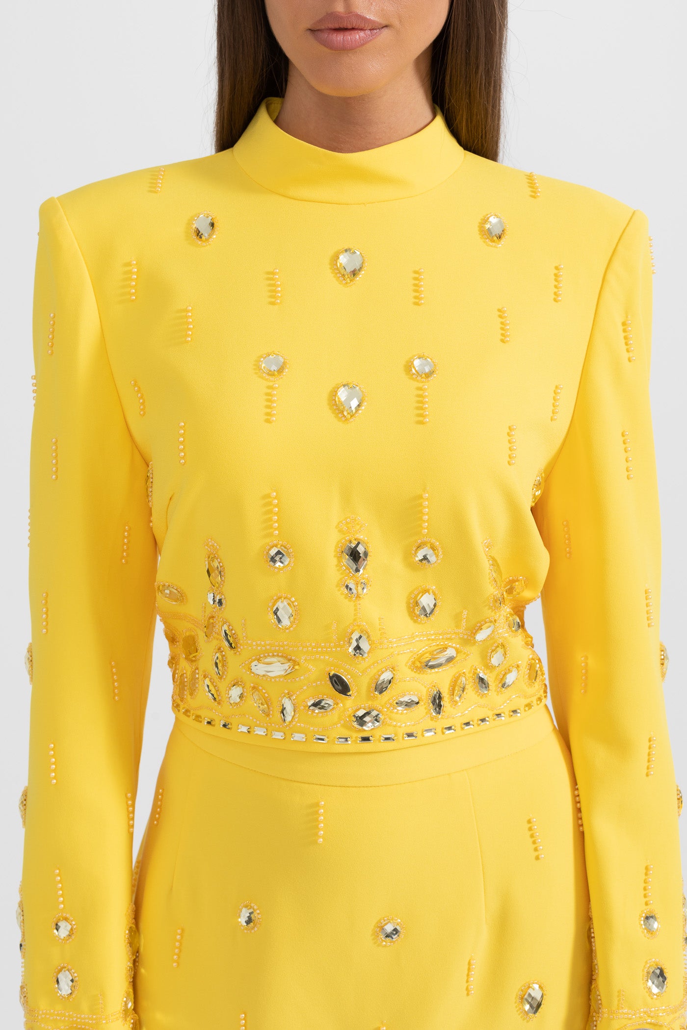 Diamond Embellished Co-Ord with Mini Skirt- Yellow