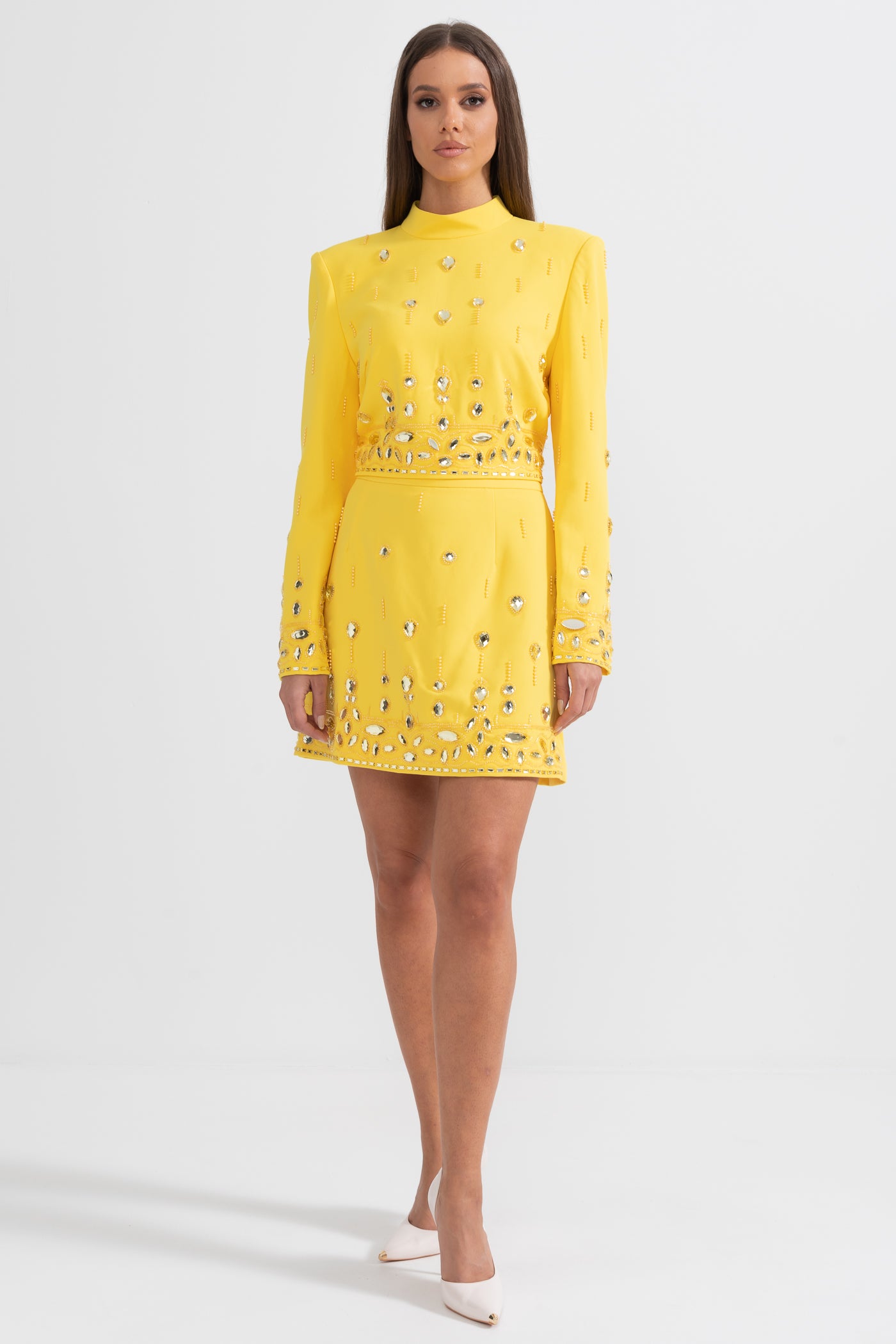 Diamond Embellished Co-Ord with Mini Skirt- Yellow