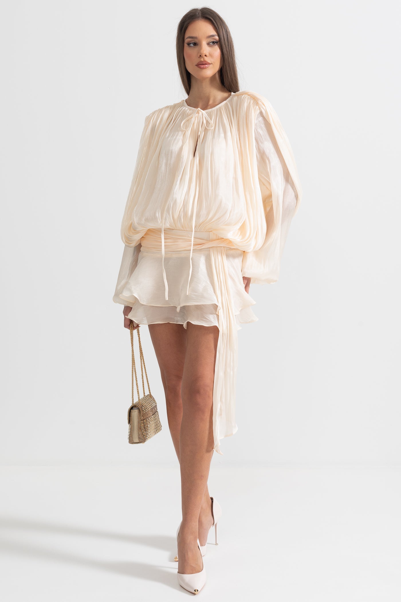 Ruffled Long Sleeved Mini Dress With Flowing Silhouette - Apricot