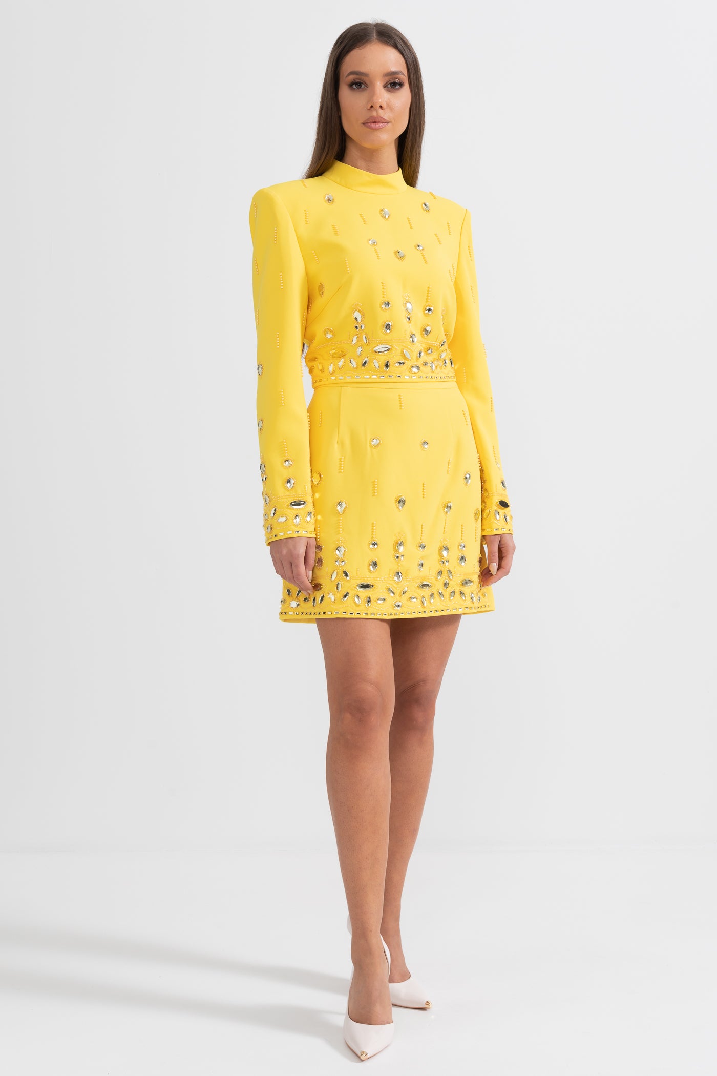 Diamond Embellished Co-Ord with Mini Skirt- Yellow