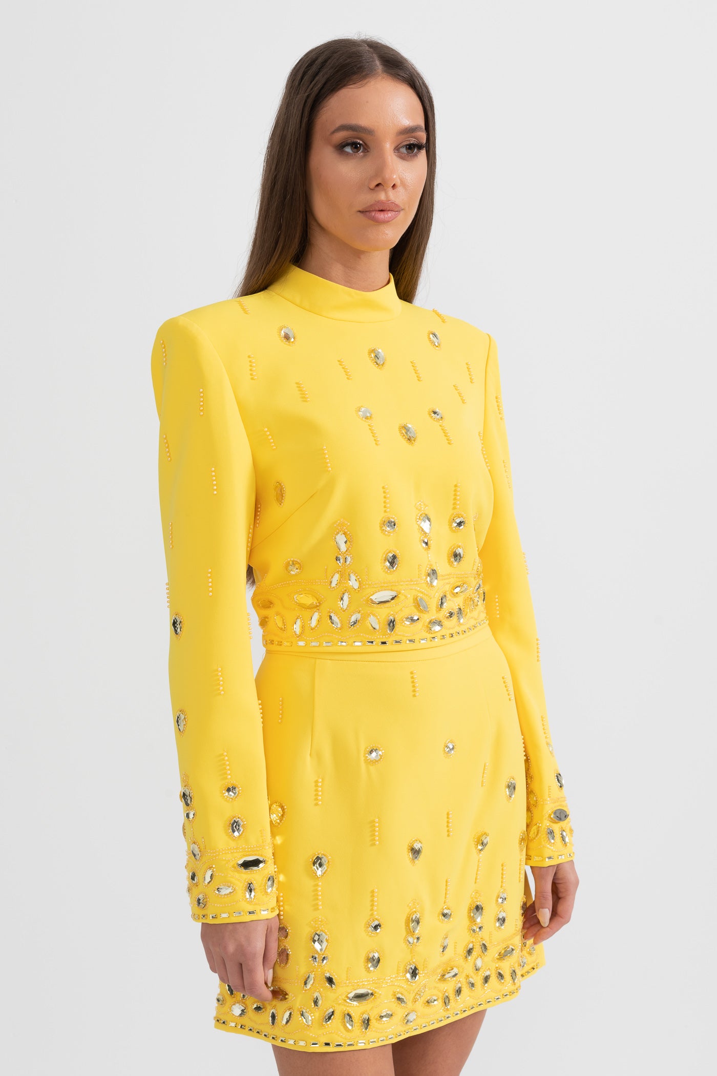 Diamond Embellished Co-Ord with Mini Skirt- Yellow