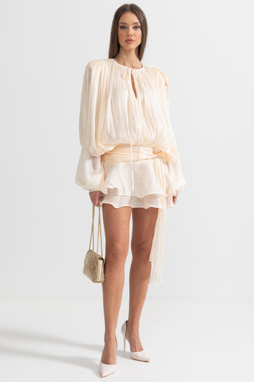 Ruffled Long Sleeved Mini Dress With Flowing Silhouette - Apricot